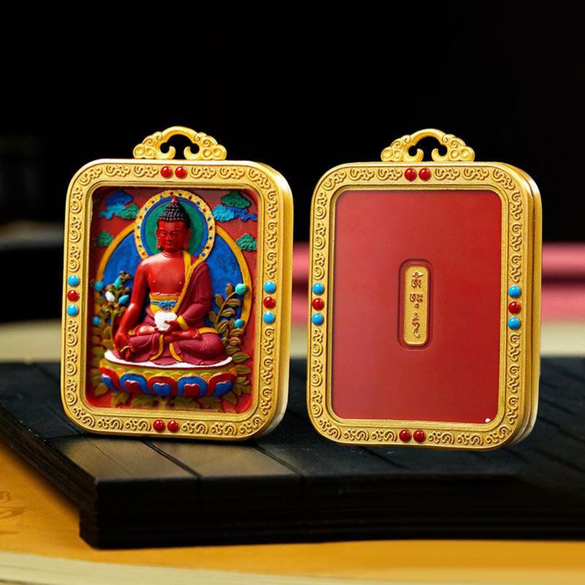 QiLing Aura Hand-Painted Tibetan Buddhist Brass Cinnabar Pendant Necklace