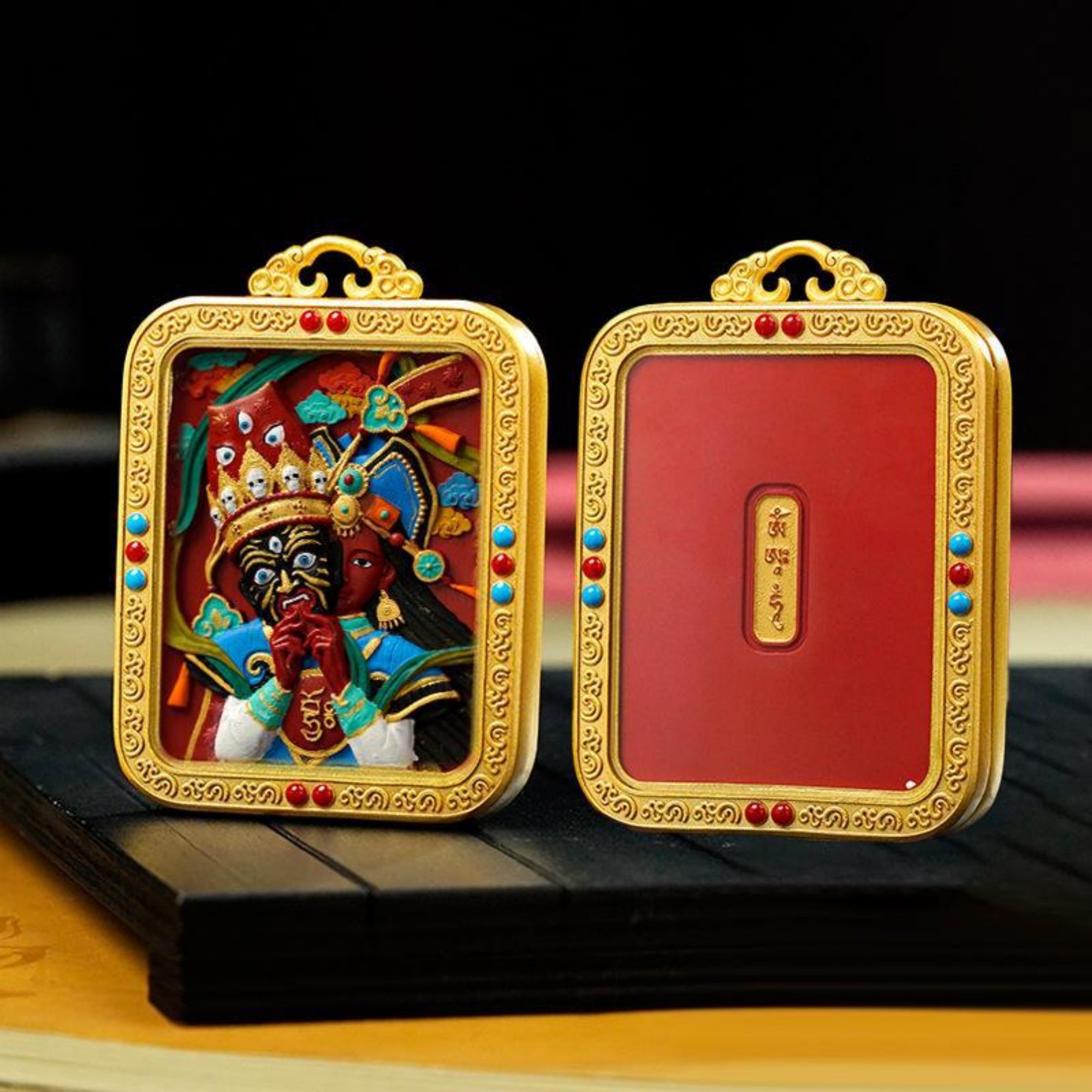QiLing Aura Hand-Painted Tibetan Buddhist Brass Cinnabar Pendant Necklace