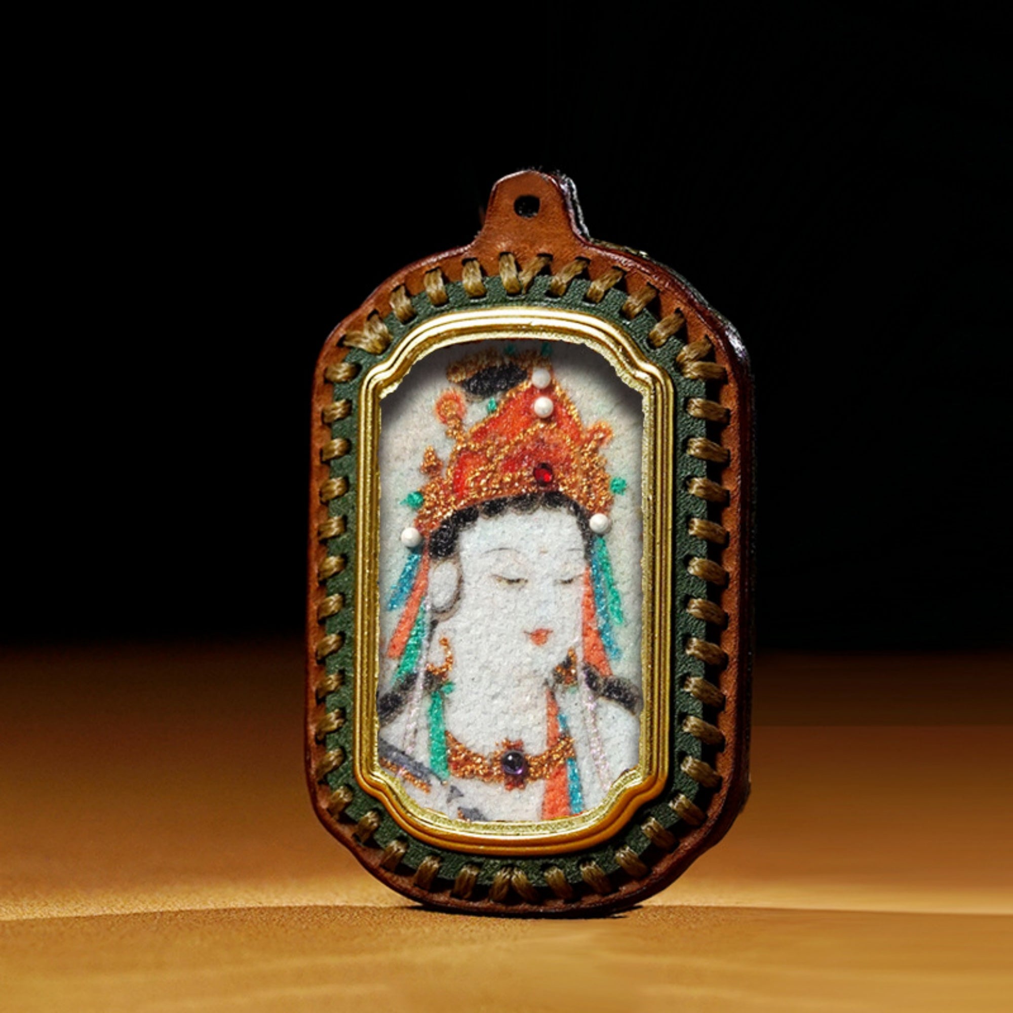 QiLing Aura Tibetan Handmade Gemstone Thangka Buddha Pendant Necklace