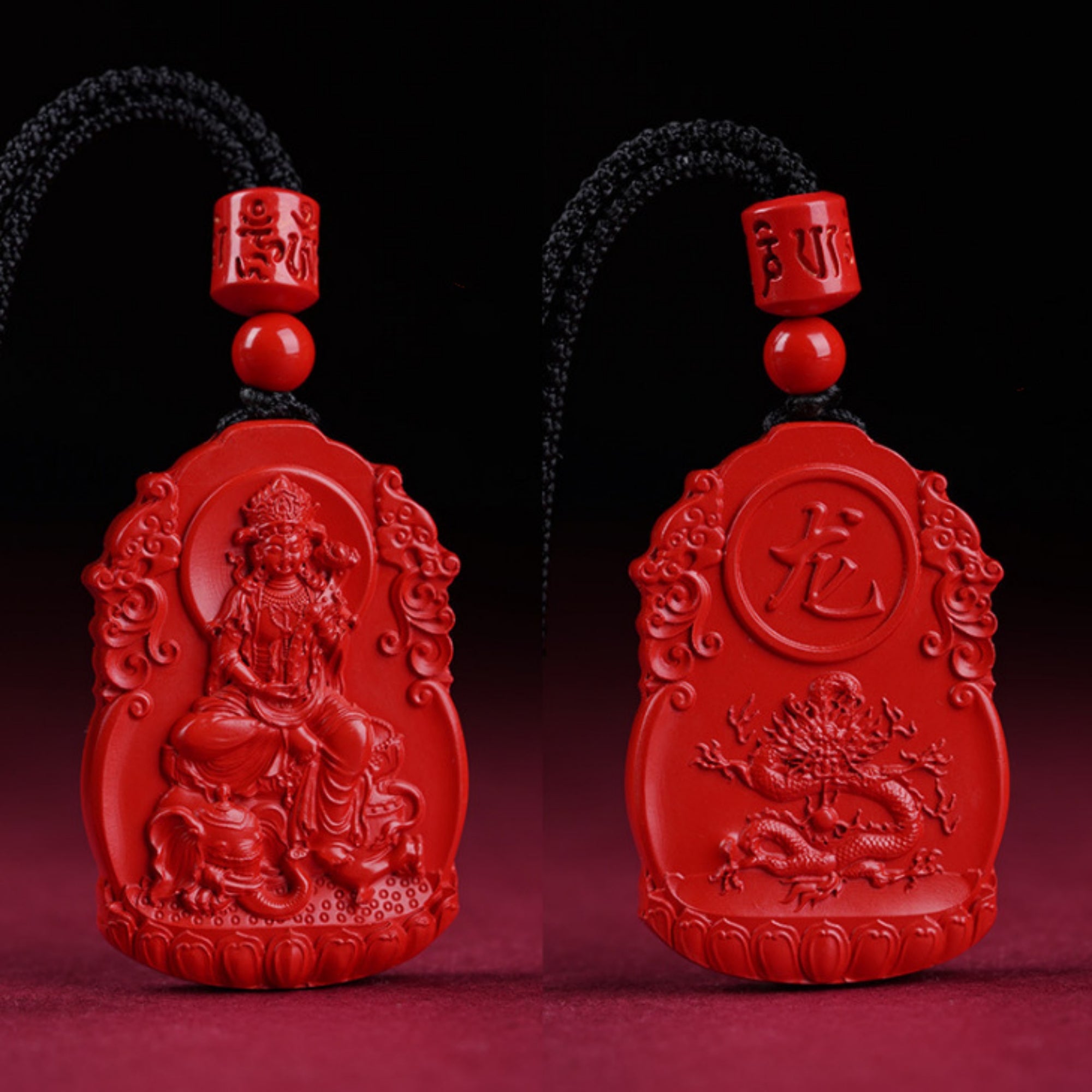 QiLing Aura Hand-Carved Zodiac Buddha Pendant Necklace in Cinnabar