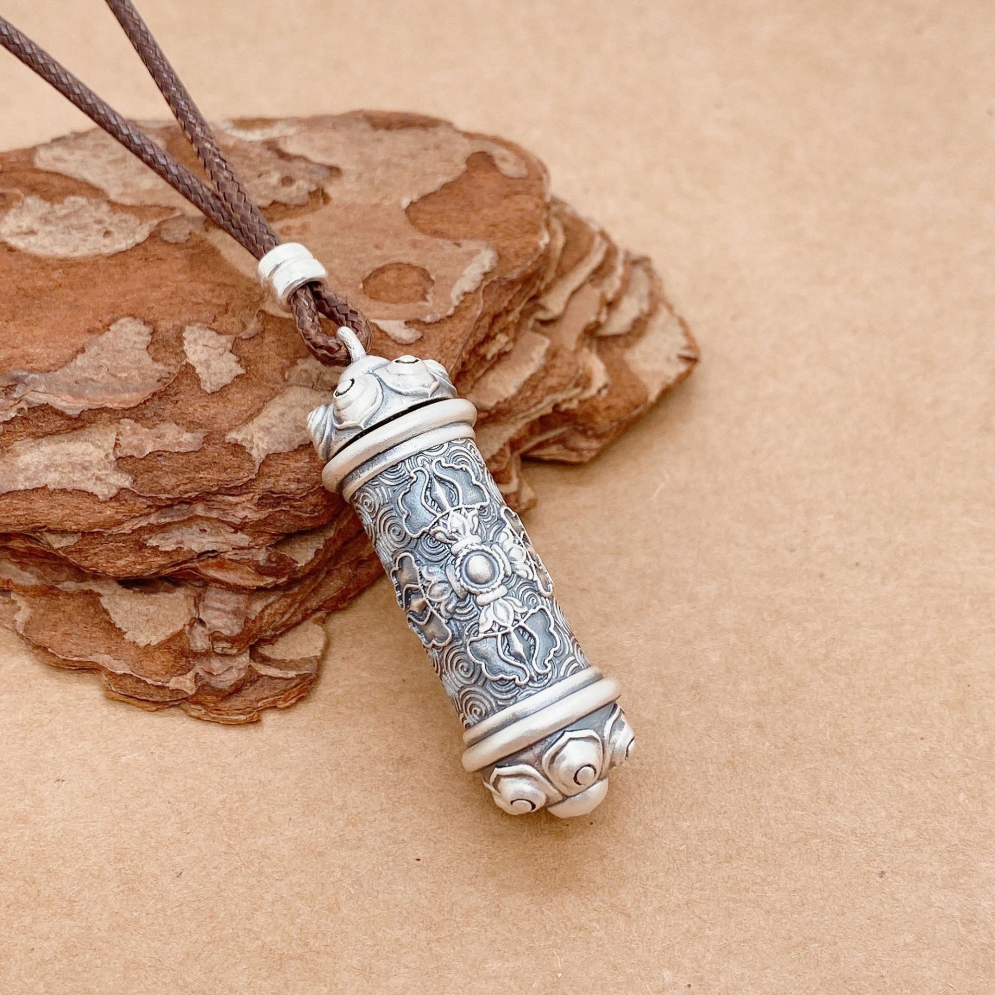 Six-Syllable Mantra Buddhist Prayer Wheel Silver Pendant Necklace