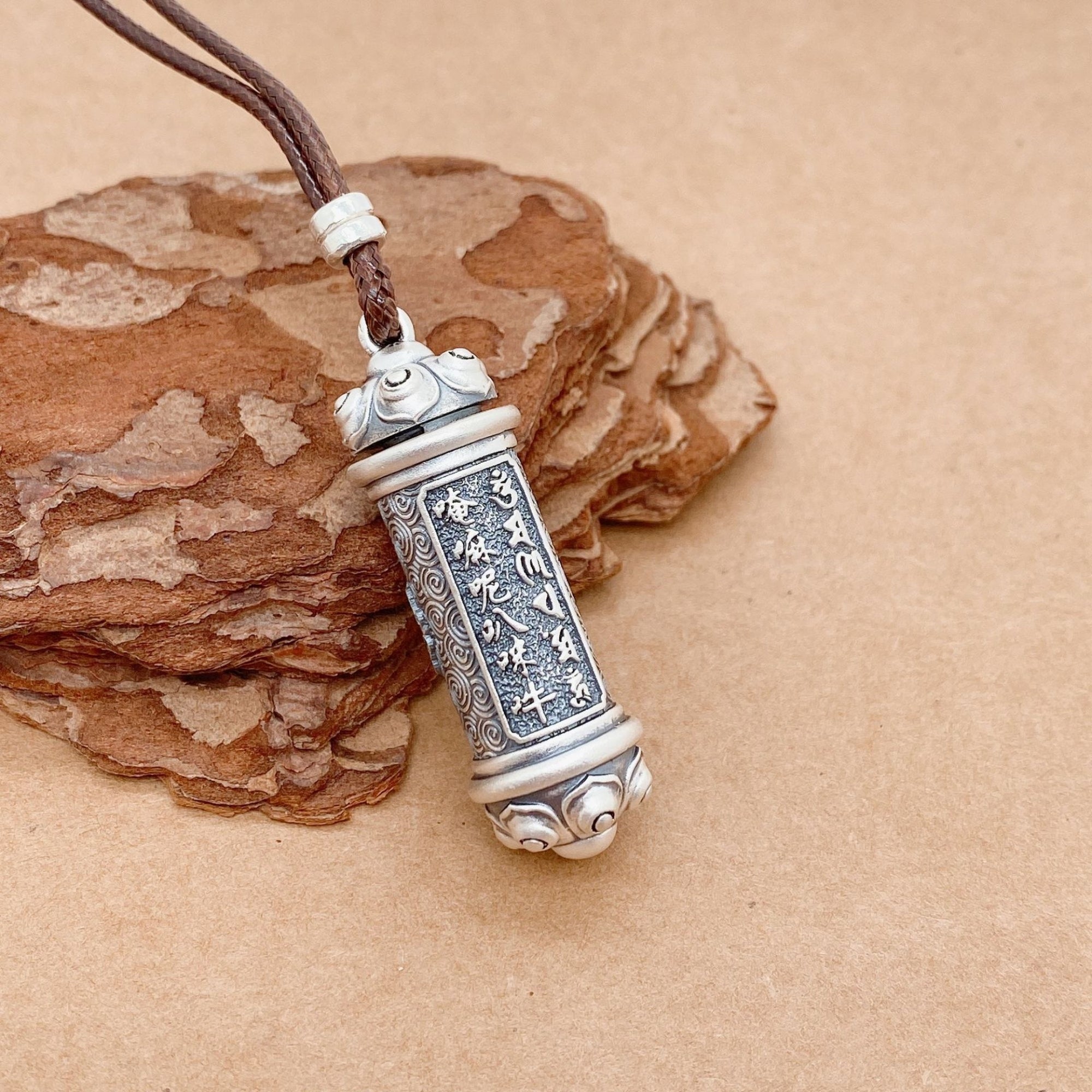 Six-Syllable Mantra Buddhist Prayer Wheel Silver Pendant Necklace