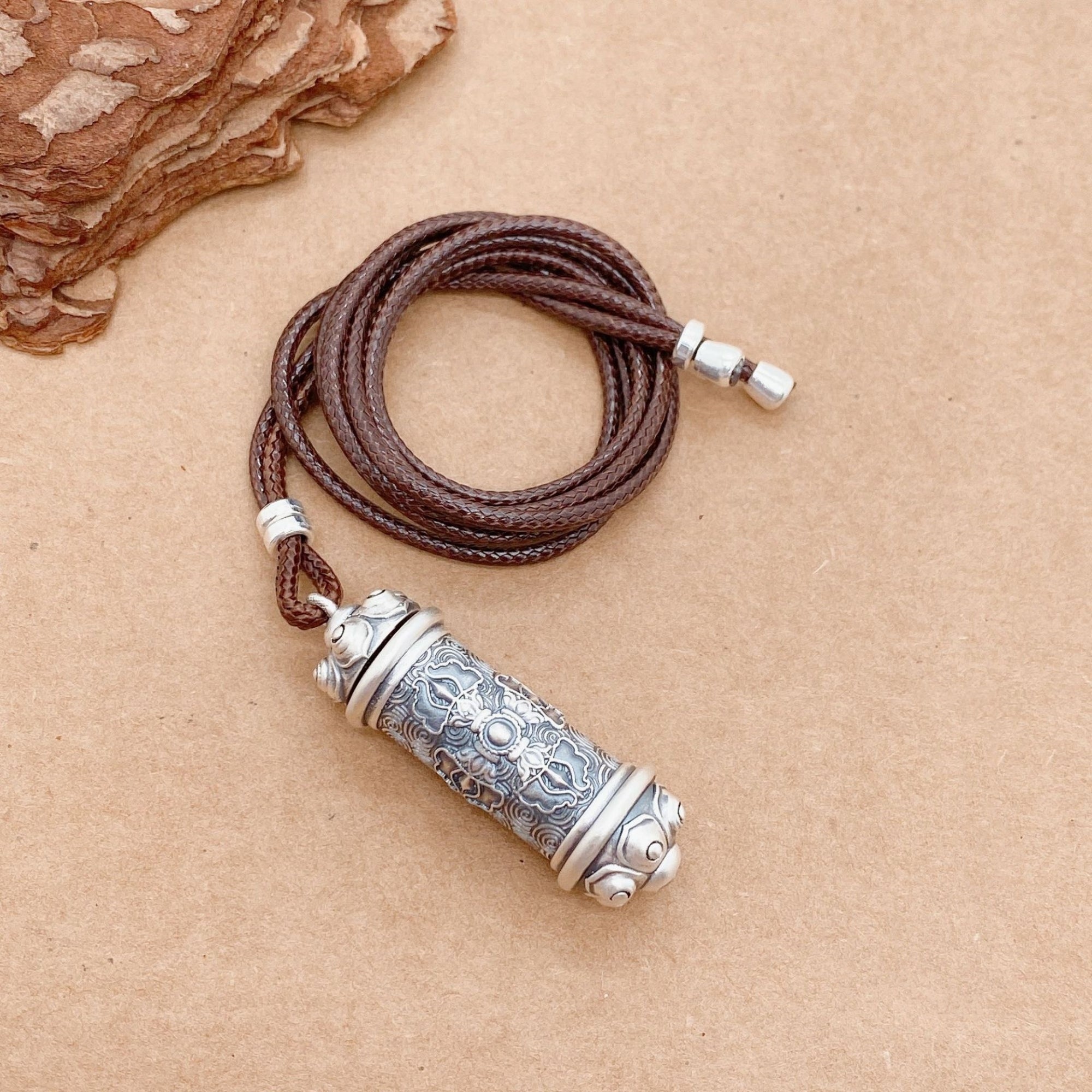 Six-Syllable Mantra Buddhist Prayer Wheel Silver Pendant Necklace