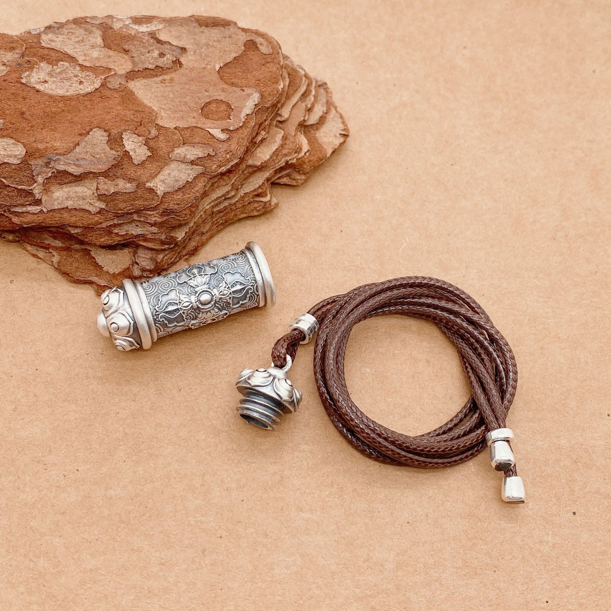 Six-Syllable Mantra Buddhist Prayer Wheel Silver Pendant Necklace