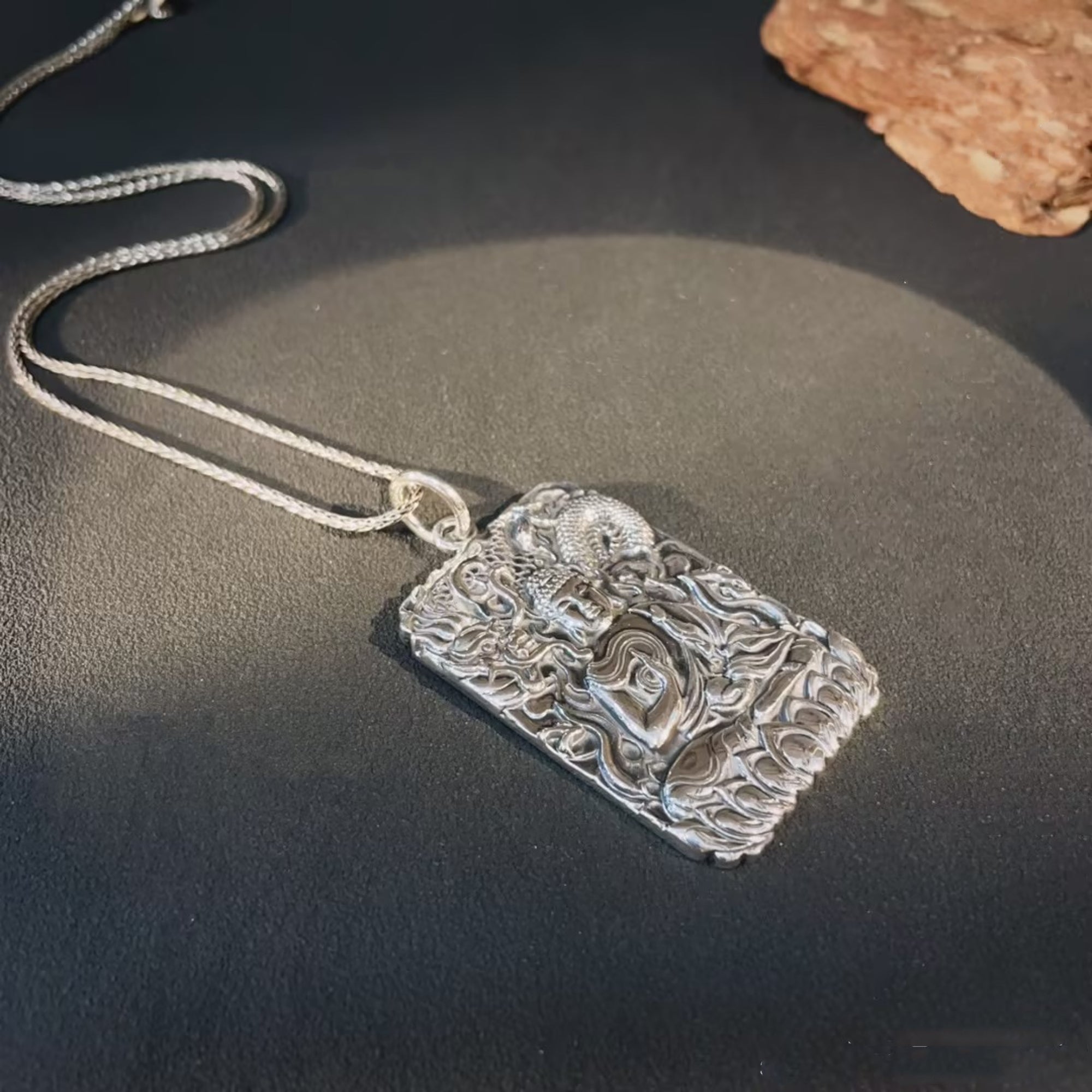 Six-Syllable Mantra Guardian Buddha Silver Pendant Necklace