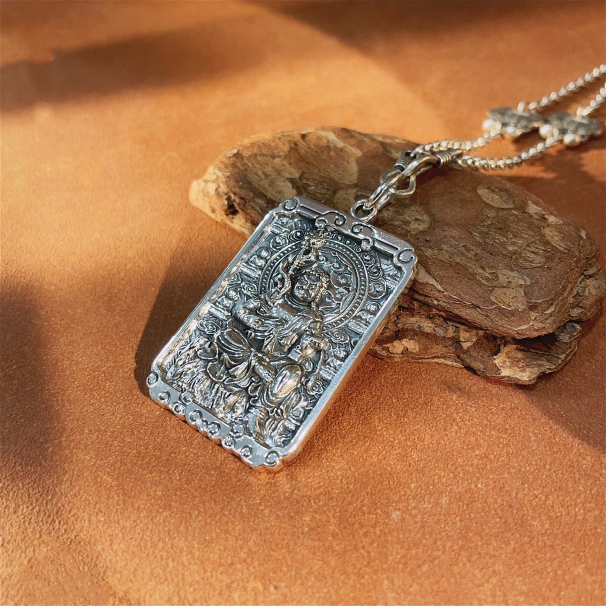 Six-Syllable Mantra Guardian Buddha Silver Pendant Necklace