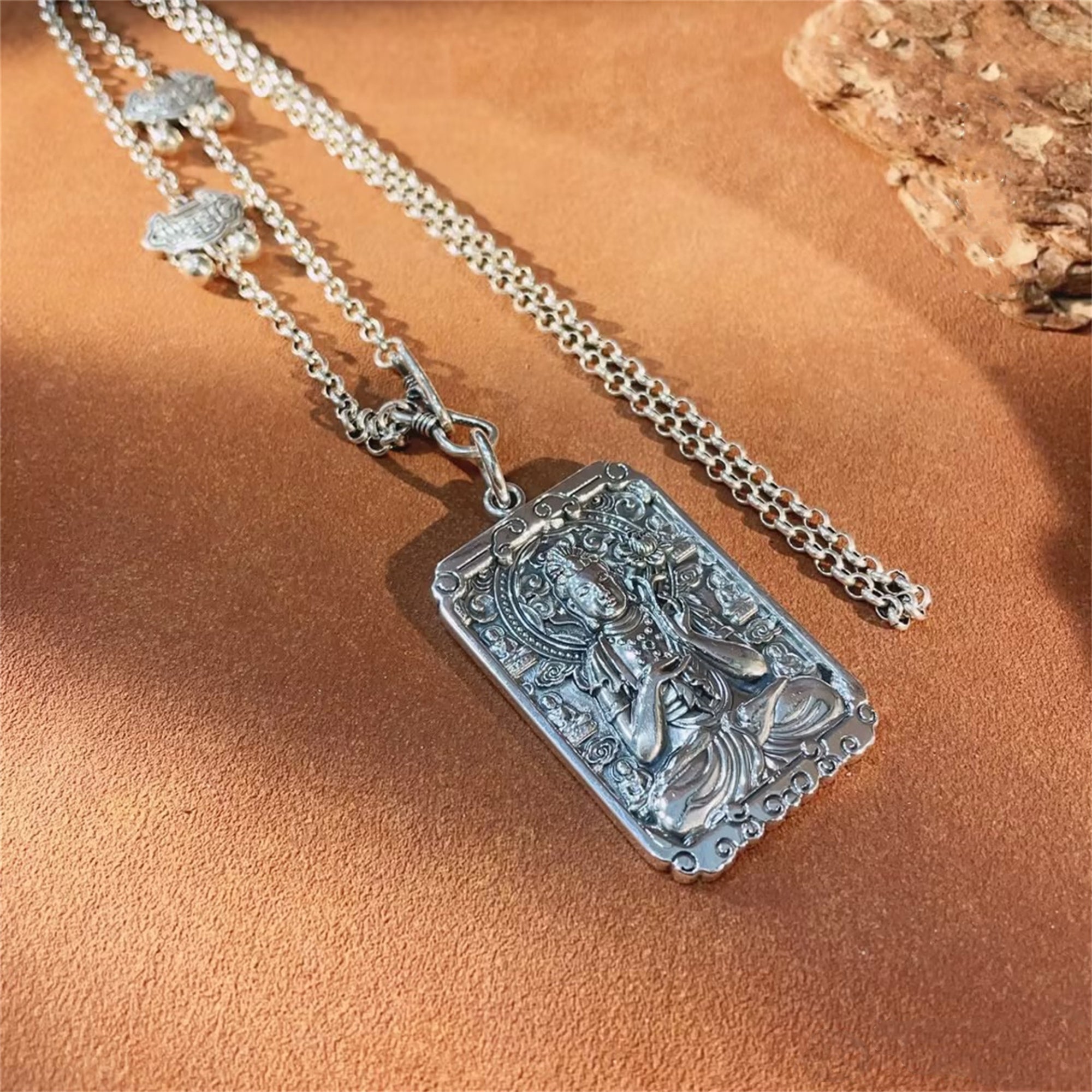 Six-Syllable Mantra Guardian Buddha Silver Pendant Necklace