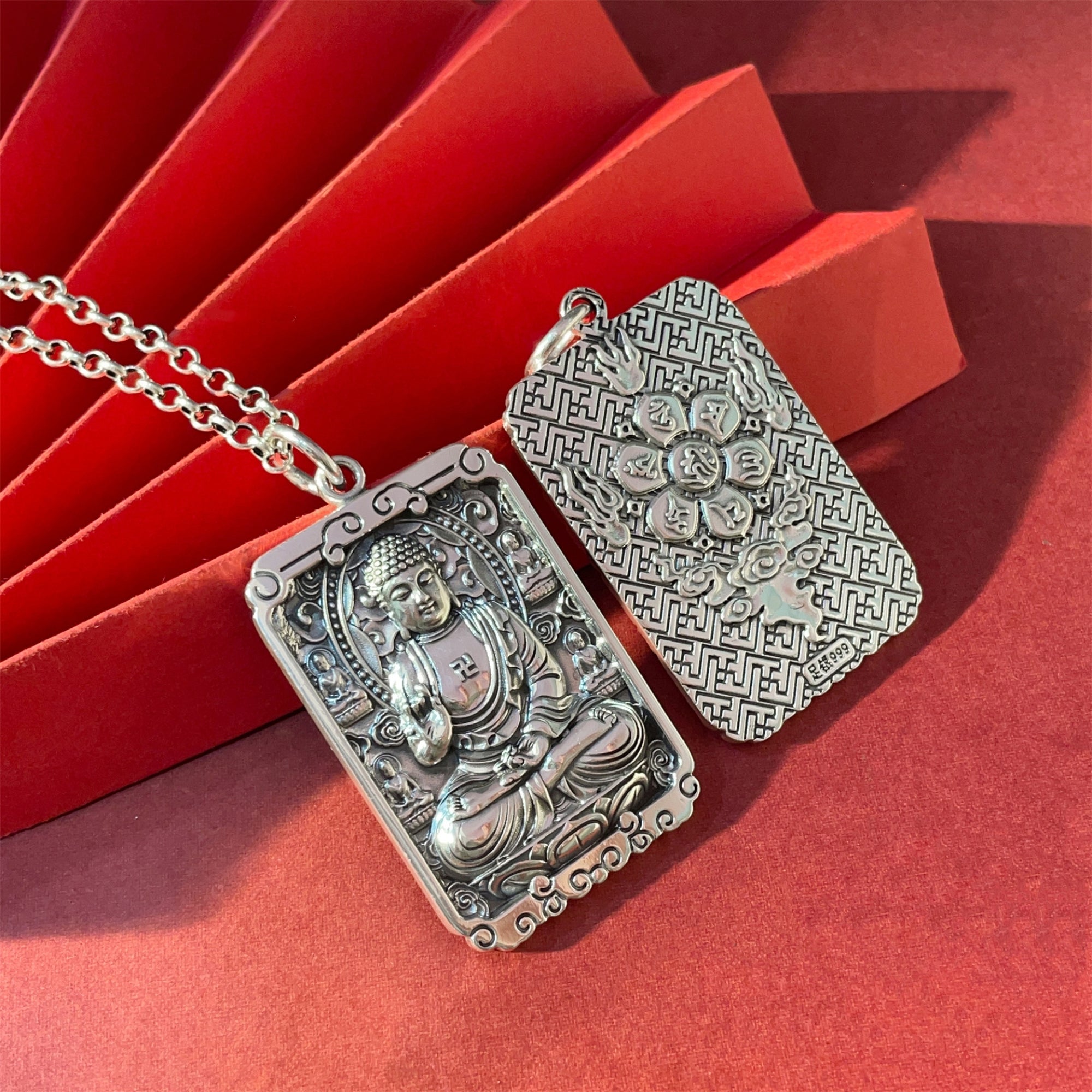 Six-Syllable Mantra Guardian Buddha Silver Pendant Necklace