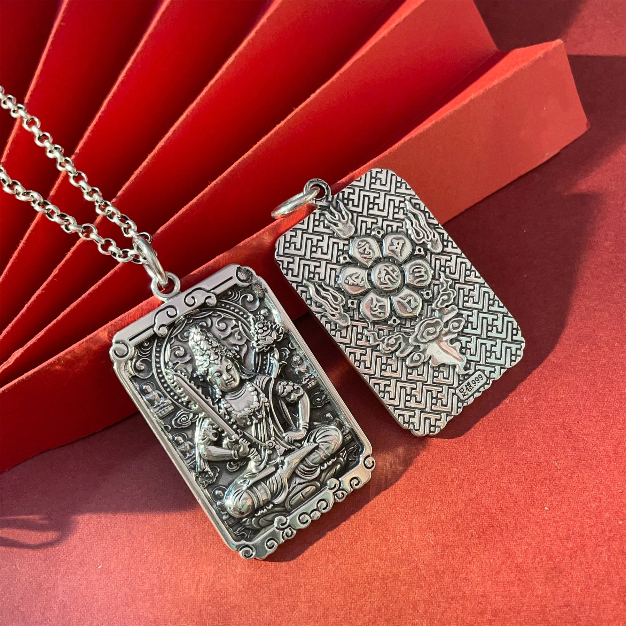Six-Syllable Mantra Guardian Buddha Silver Pendant Necklace