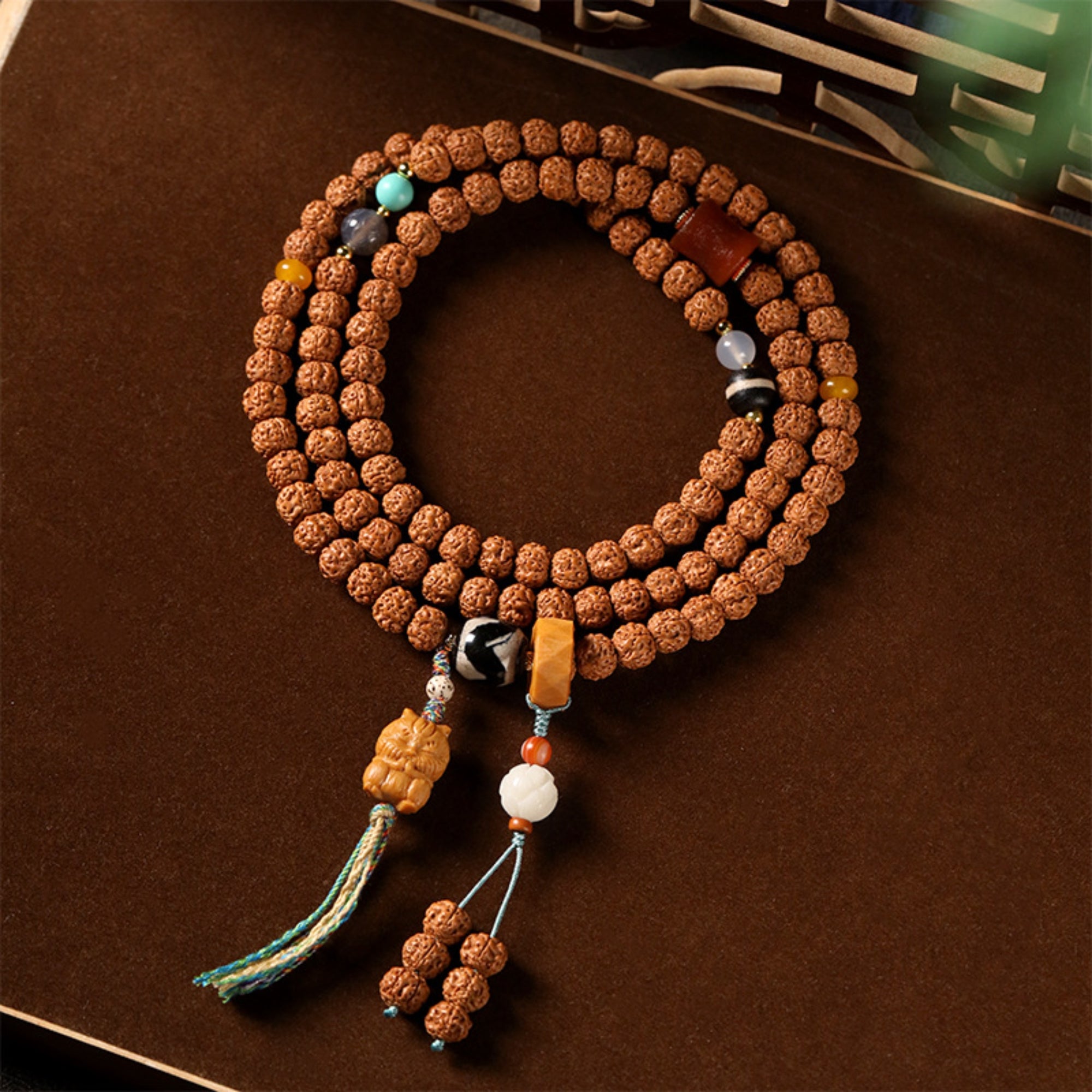 Tibetan 108-Bead Rudraksha & Jade Mala Bracelet