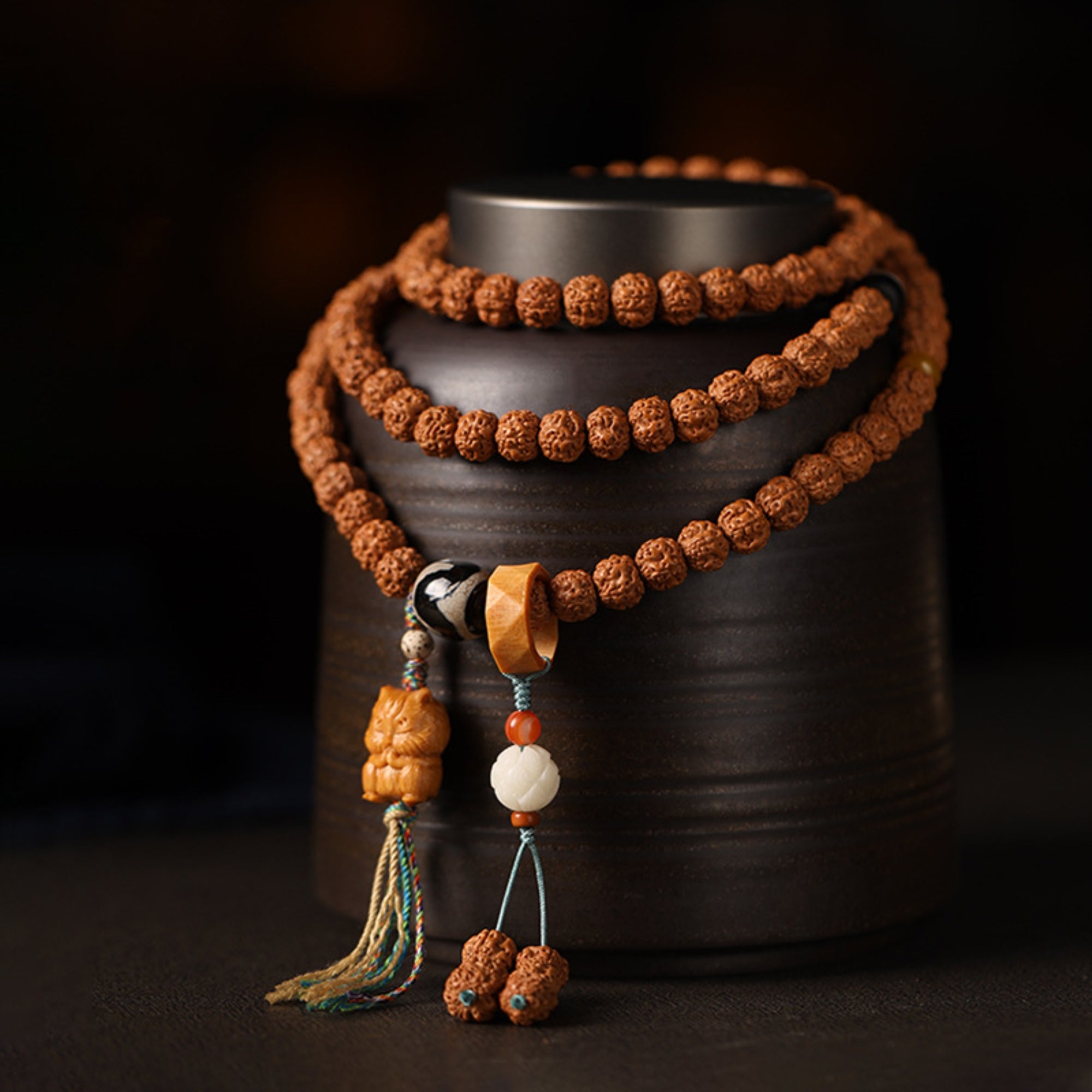 Tibetan 108-Bead Rudraksha & Jade Mala Bracelet