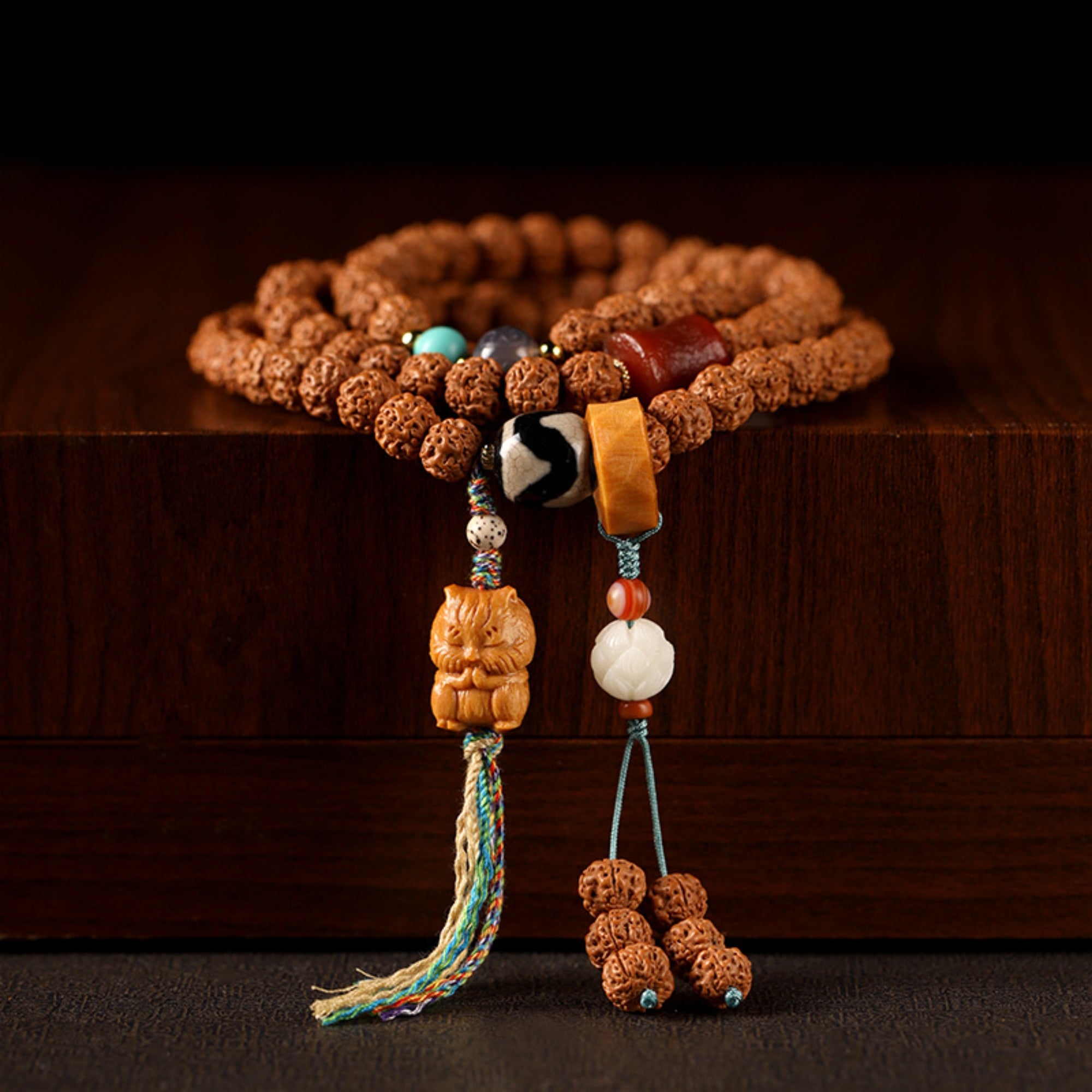 Tibetan 108-Bead Rudraksha & Jade Mala Bracelet