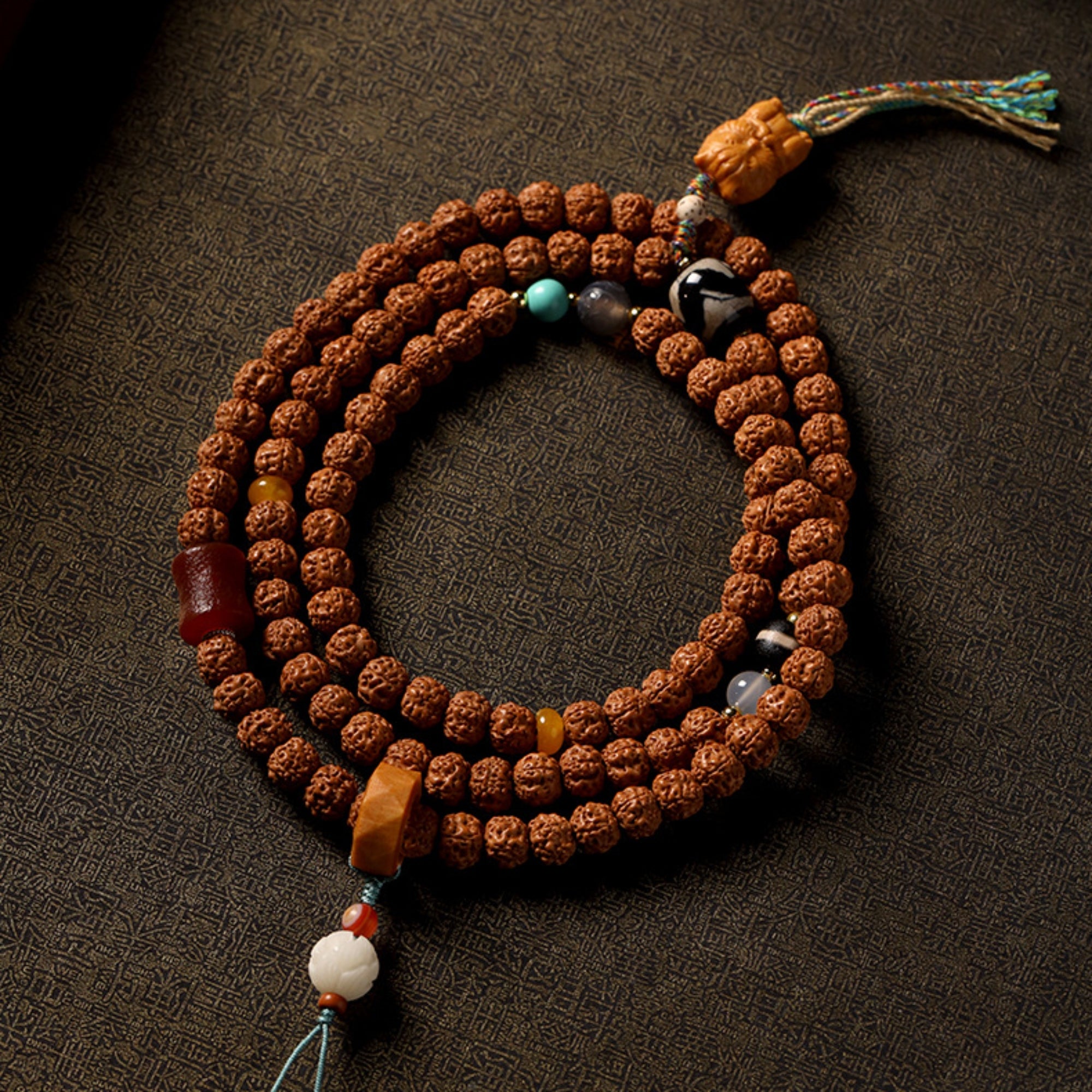 Tibetan 108-Bead Rudraksha & Jade Mala Bracelet