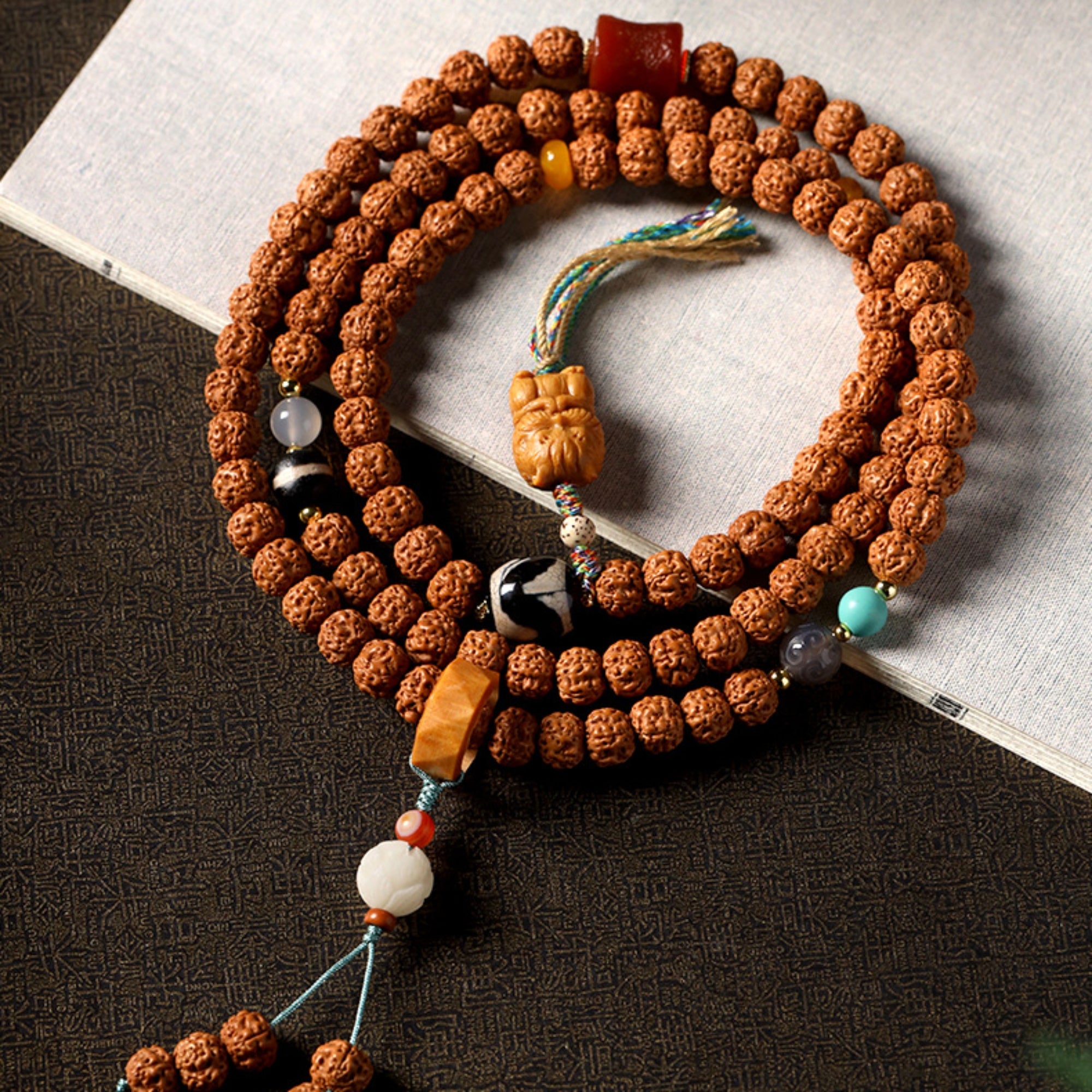 Tibetan 108-Bead Rudraksha & Jade Mala Bracelet