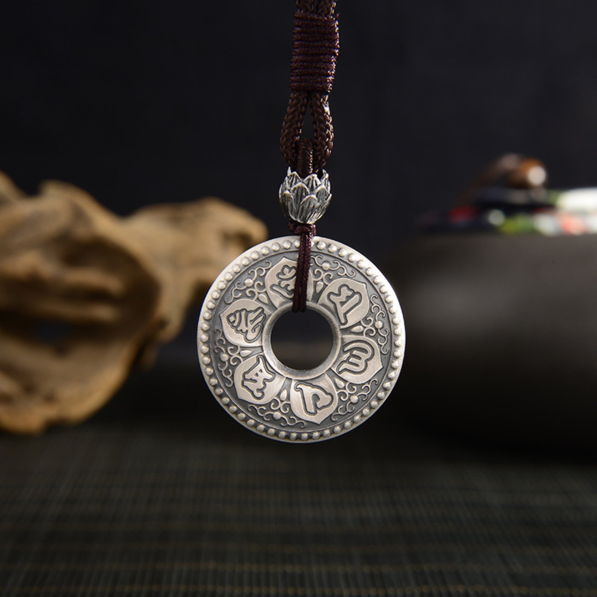 Tibetan Auspicious Symbols Silver Amulet Necklace