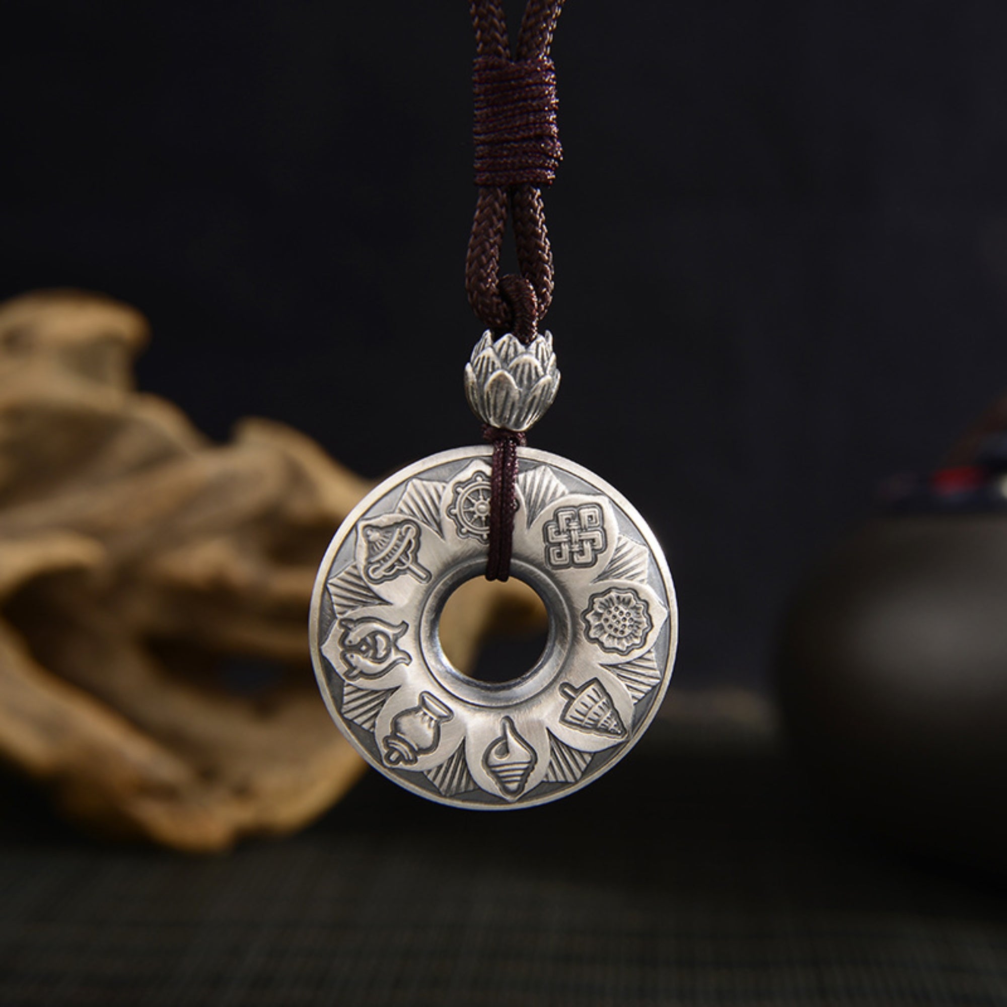 Tibetan Auspicious Symbols Silver Amulet Necklace