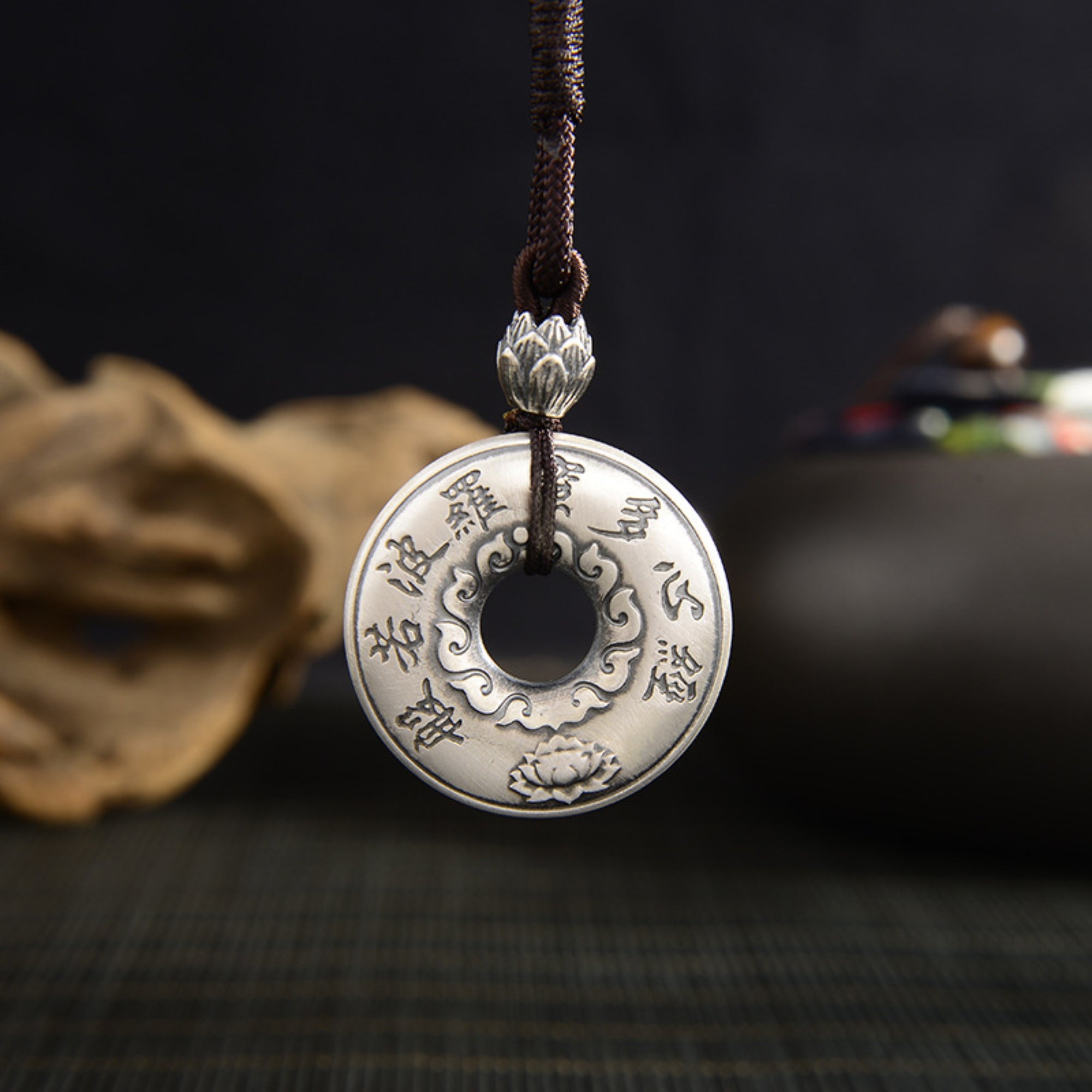 Tibetan Auspicious Symbols Silver Amulet Necklace