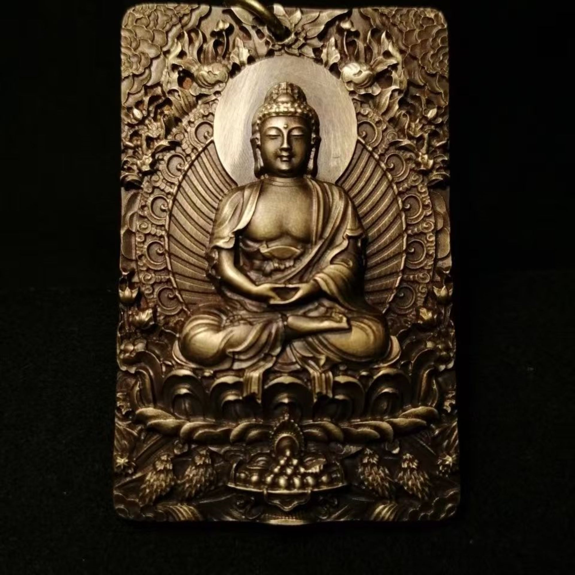 Tibetan Brass Amitabha Buddha Amulet Pendant Necklace