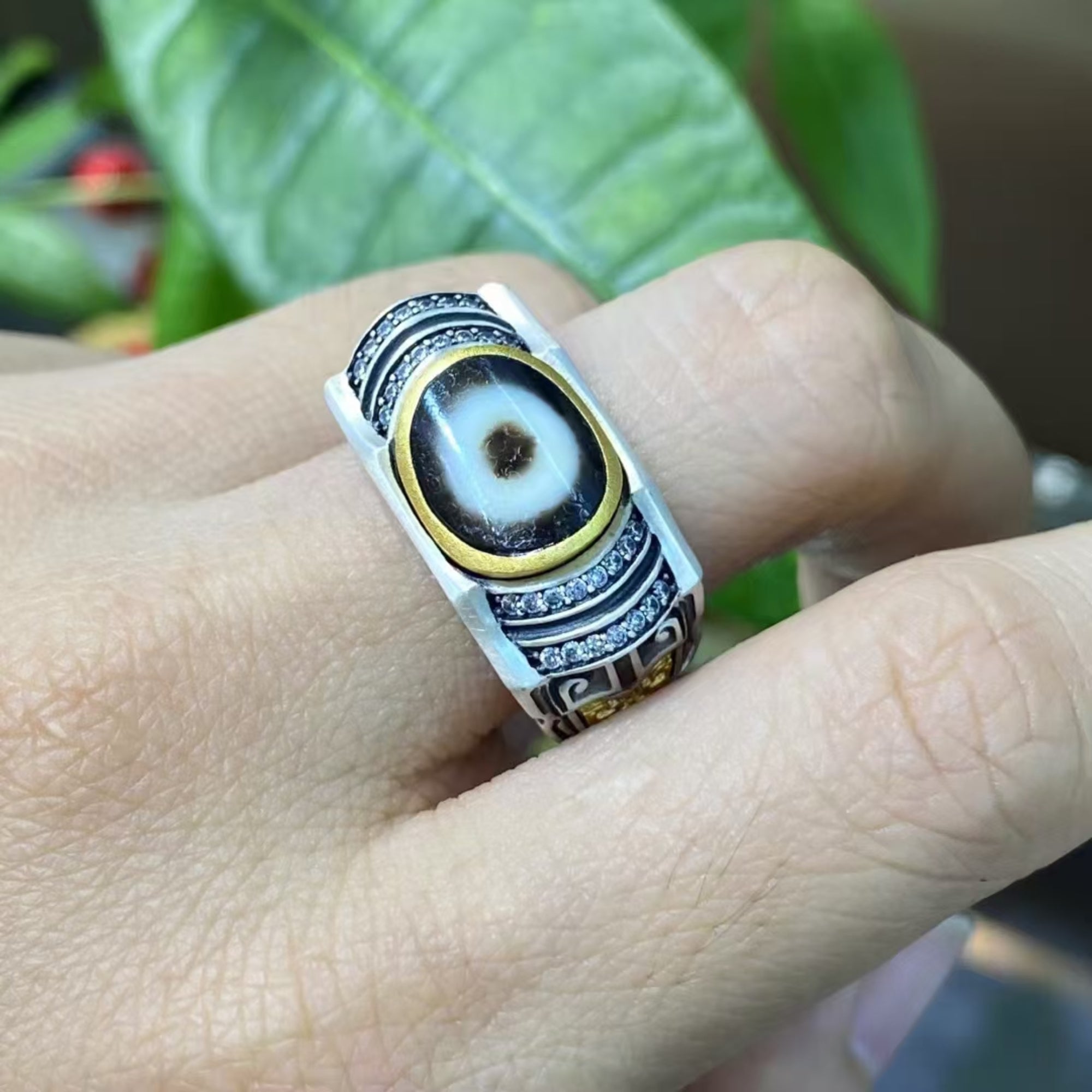 Tibetan Bronze Kui Dragon Dzi Silver Ring