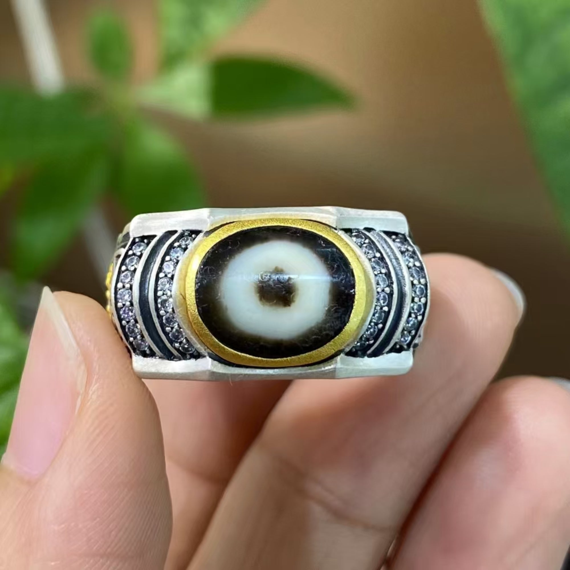 Tibetan Bronze Kui Dragon Dzi Silver Ring