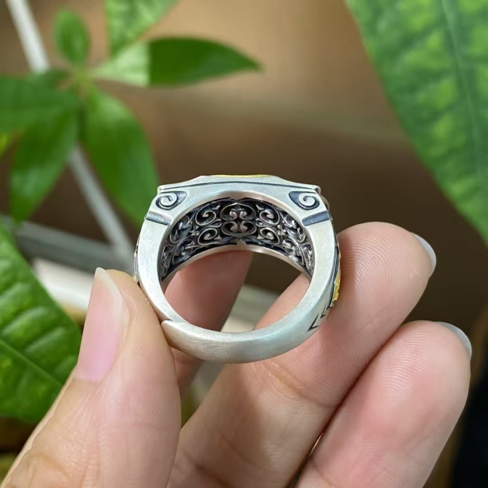 Tibetan Bronze Kui Dragon Dzi Silver Ring