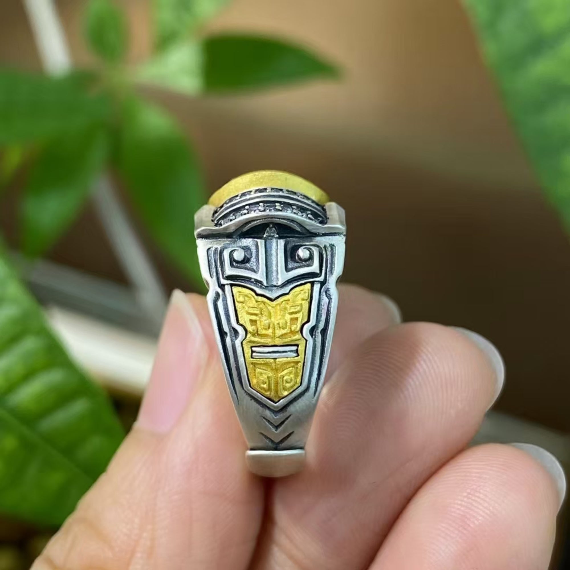 Tibetan Bronze Kui Dragon Dzi Silver Ring