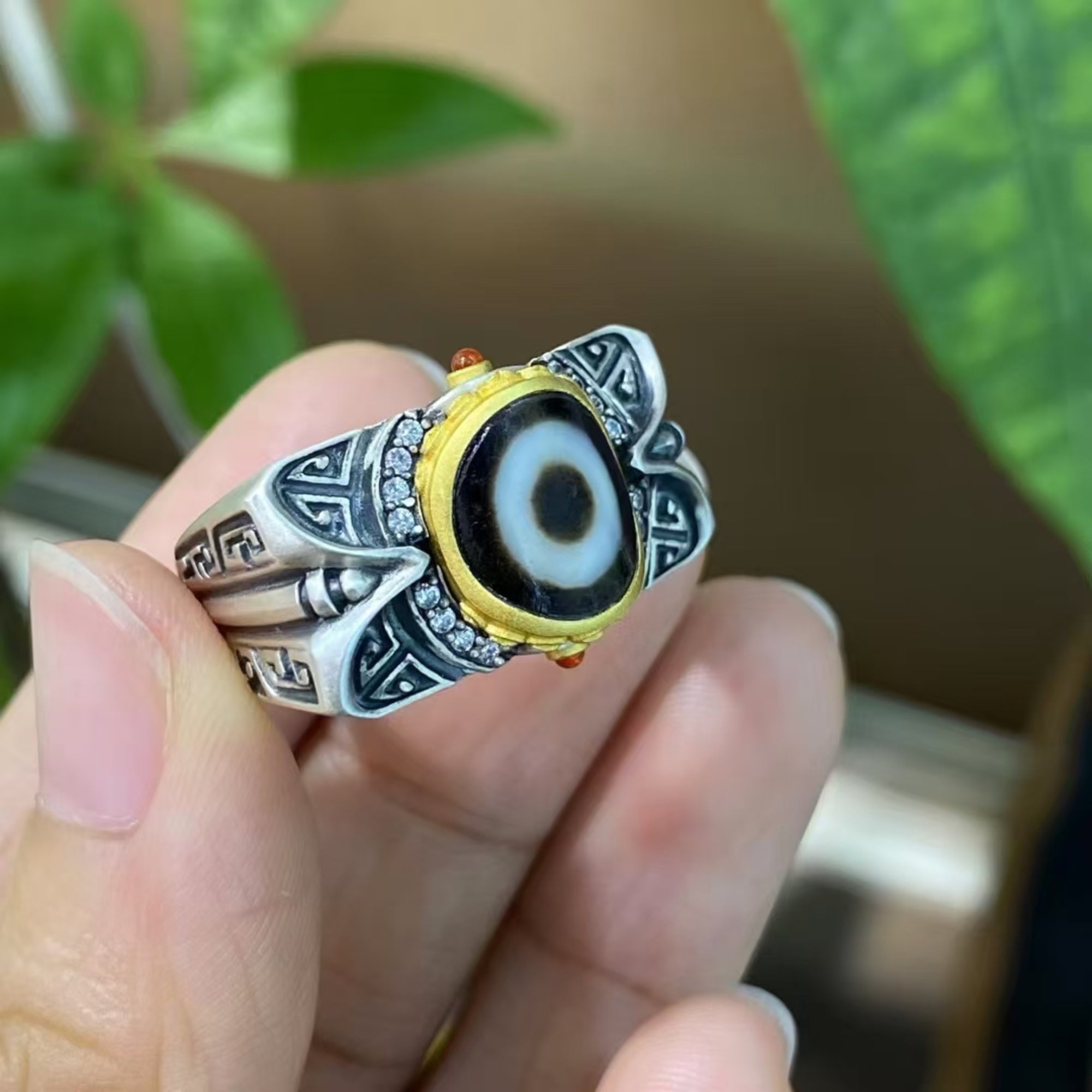 Tibetan Bronze Sigil Dzi Silver Ring