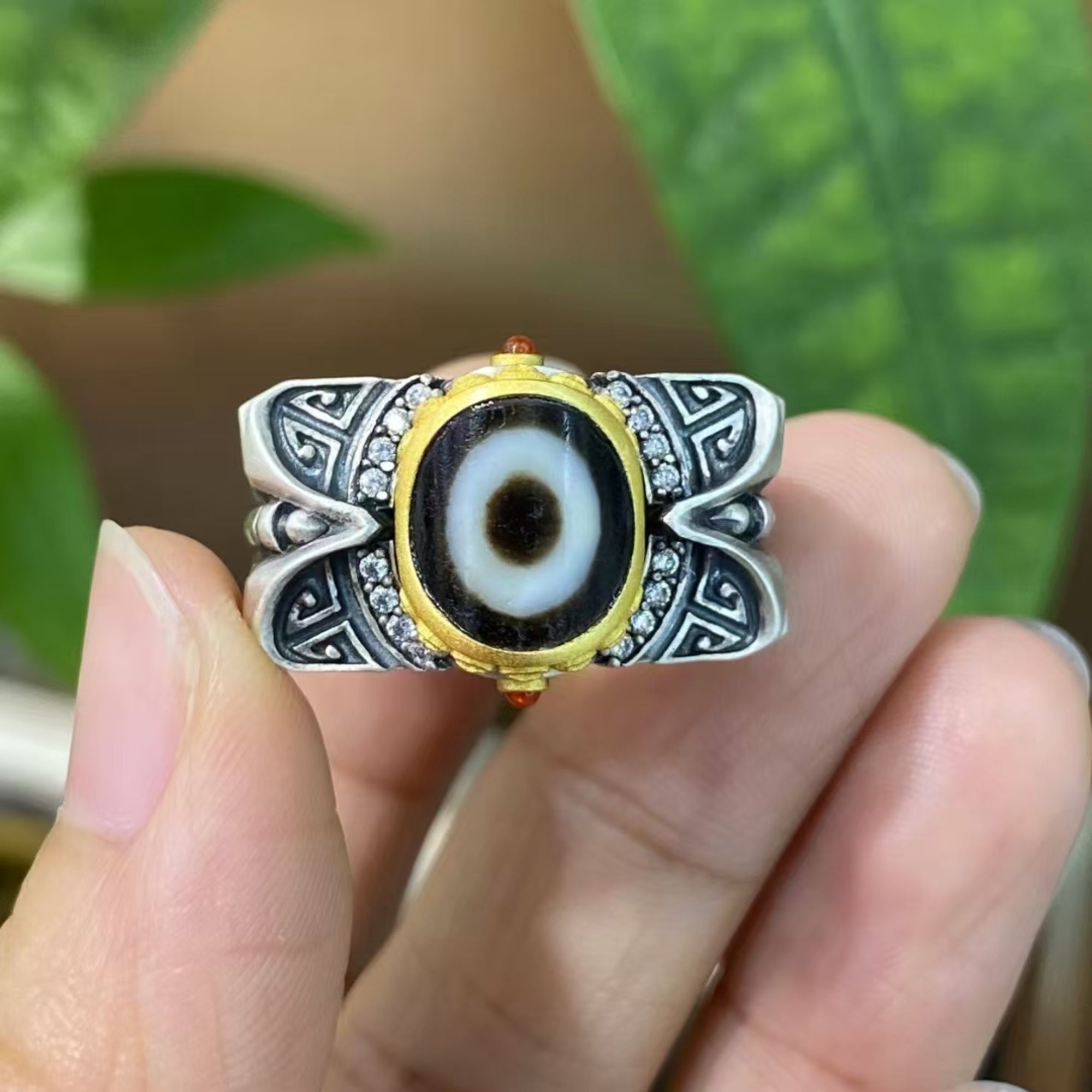 Tibetan Bronze Sigil Dzi Silver Ring