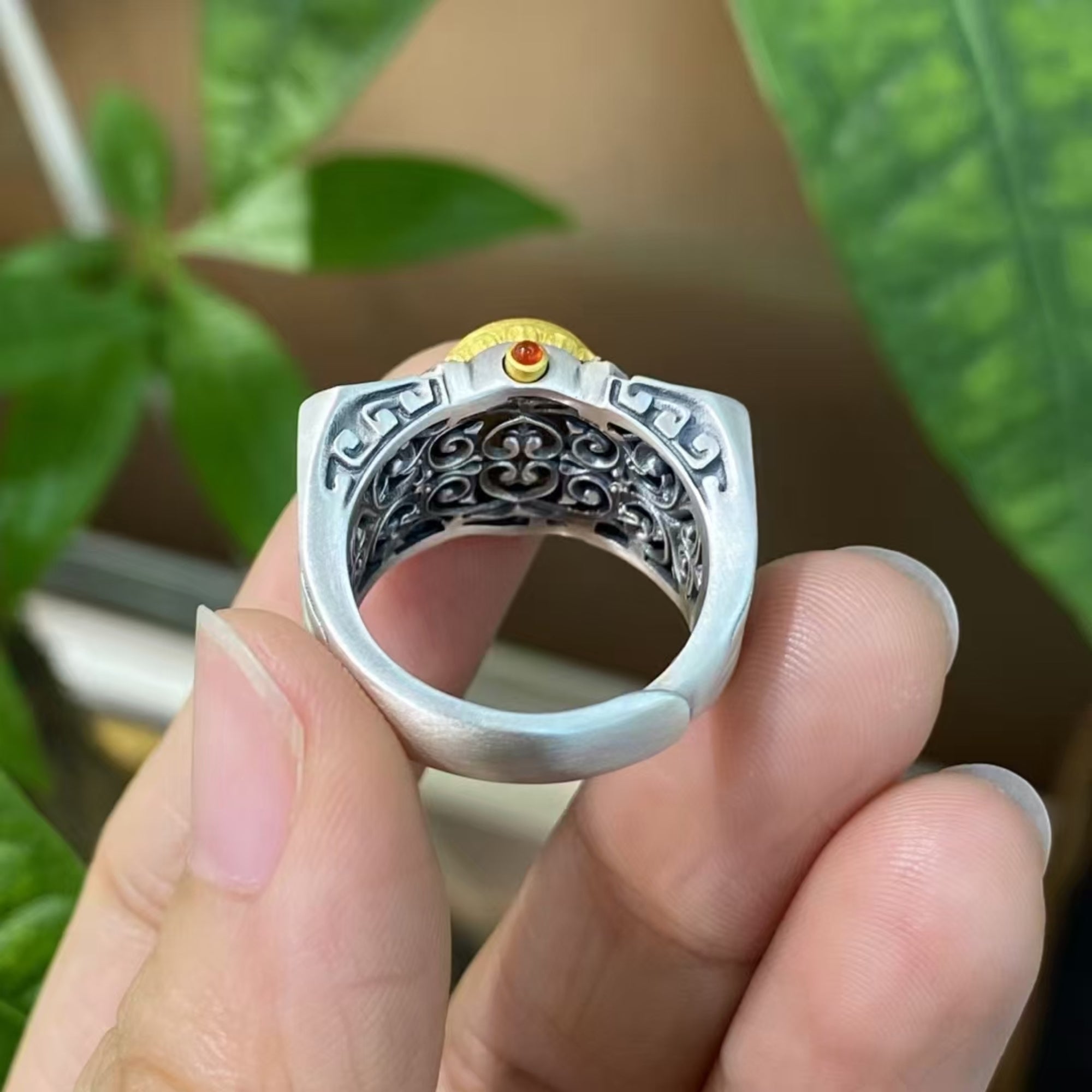 Tibetan Bronze Sigil Dzi Silver Ring