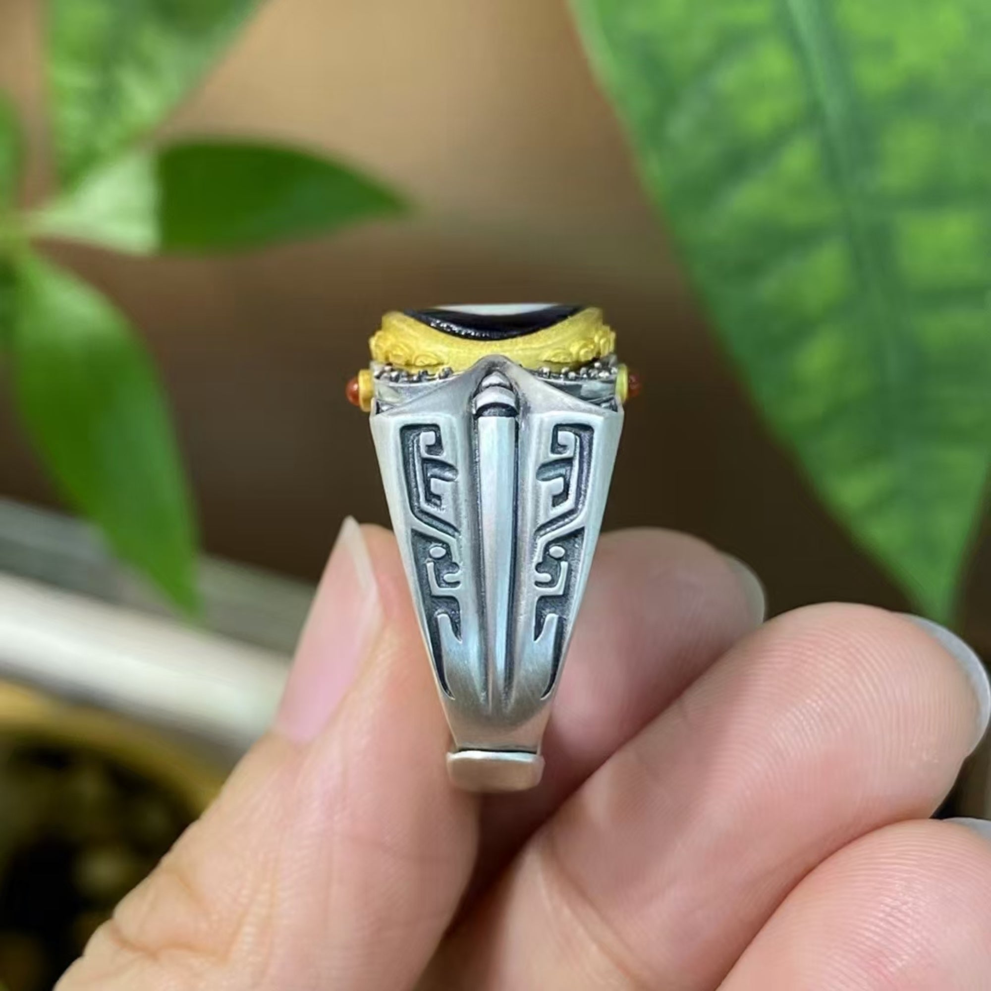 Tibetan Bronze Sigil Dzi Silver Ring