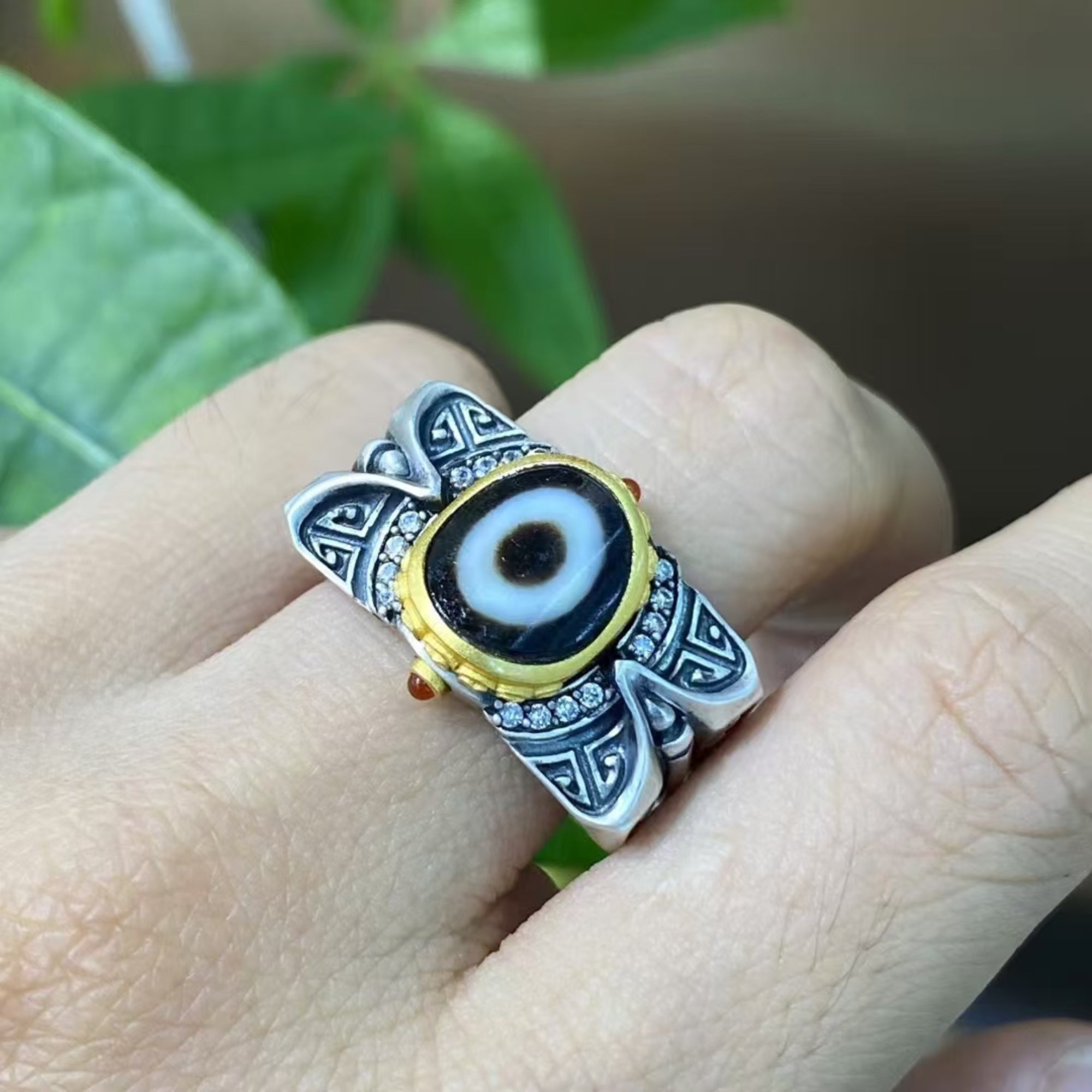 Tibetan Bronze Sigil Dzi Silver Ring