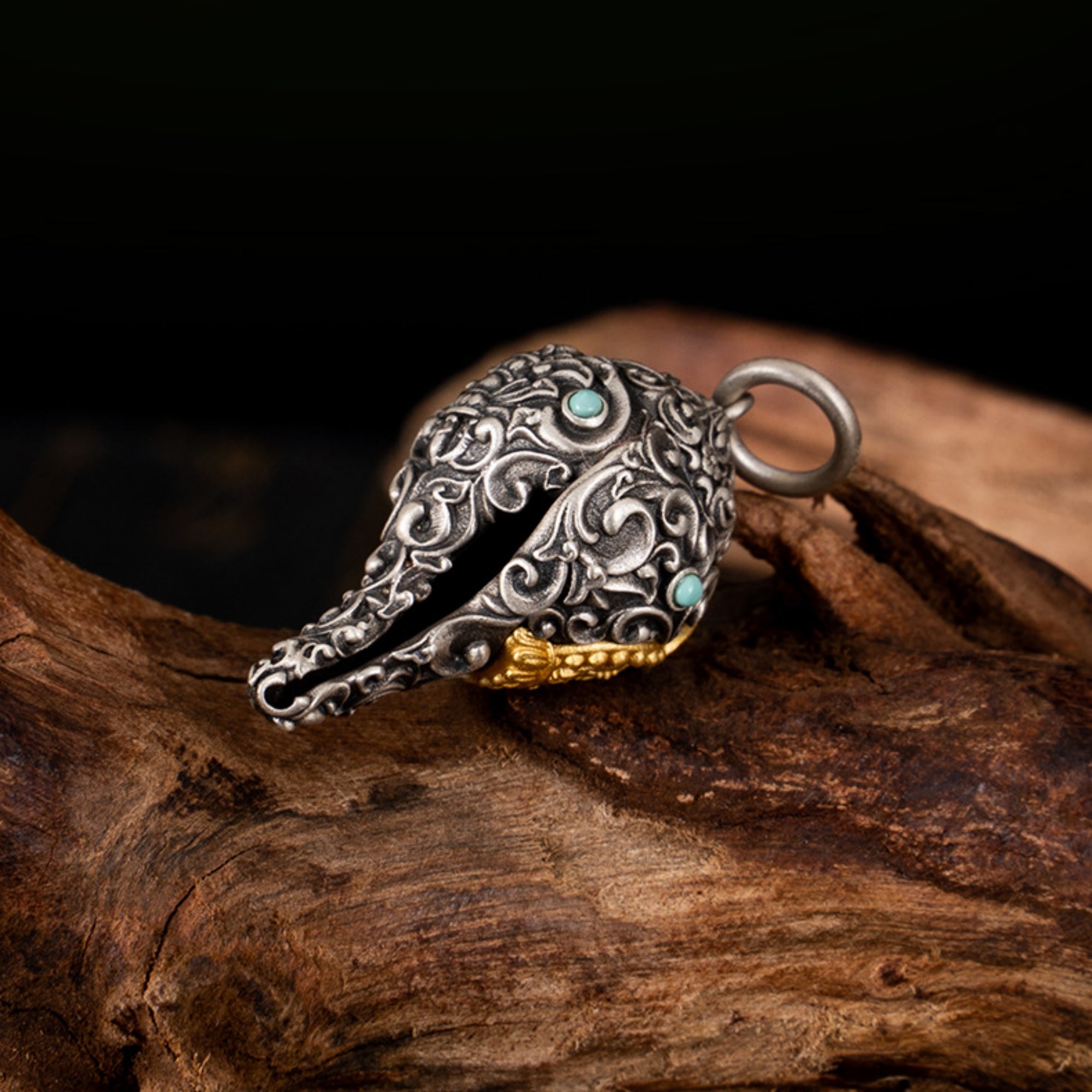 Tibetan Buddhist Conch Turquoise Sterling Silver Pendant