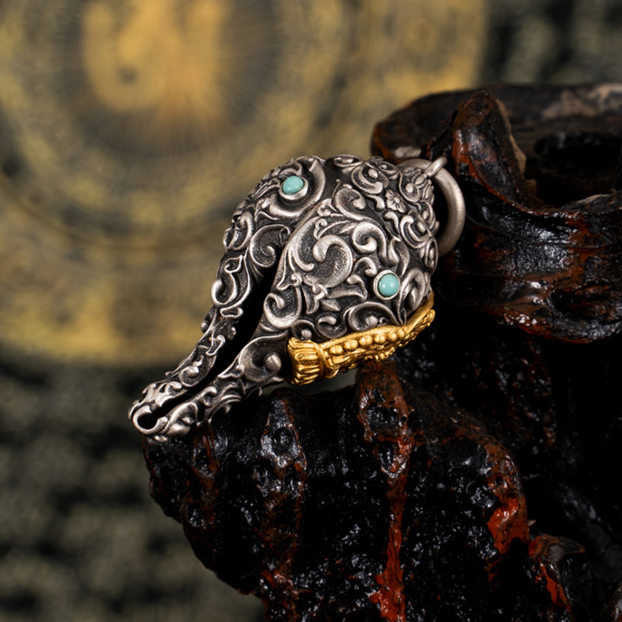 Tibetan Buddhist Conch Turquoise Sterling Silver Pendant