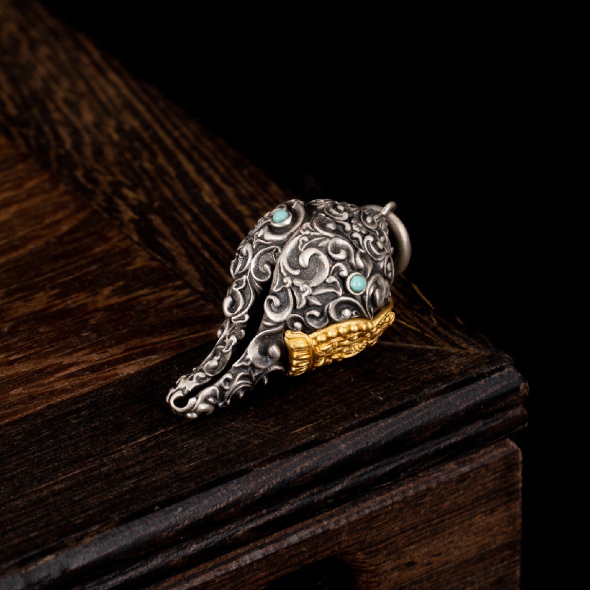 Tibetan Buddhist Conch Turquoise Sterling Silver Pendant