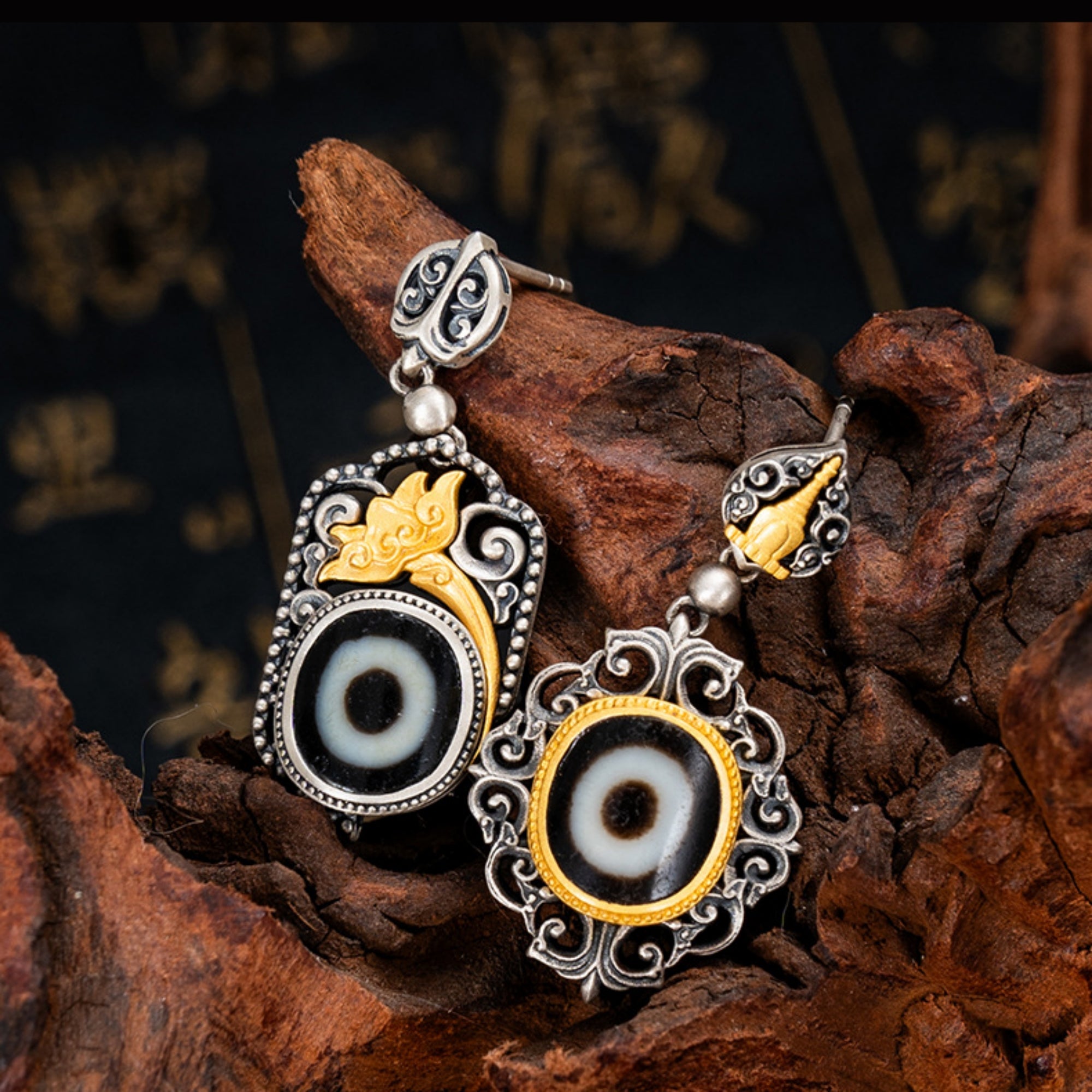 Tibetan Buddhist Lotus Stupa Dzi Bead Sterling Silver Earrings