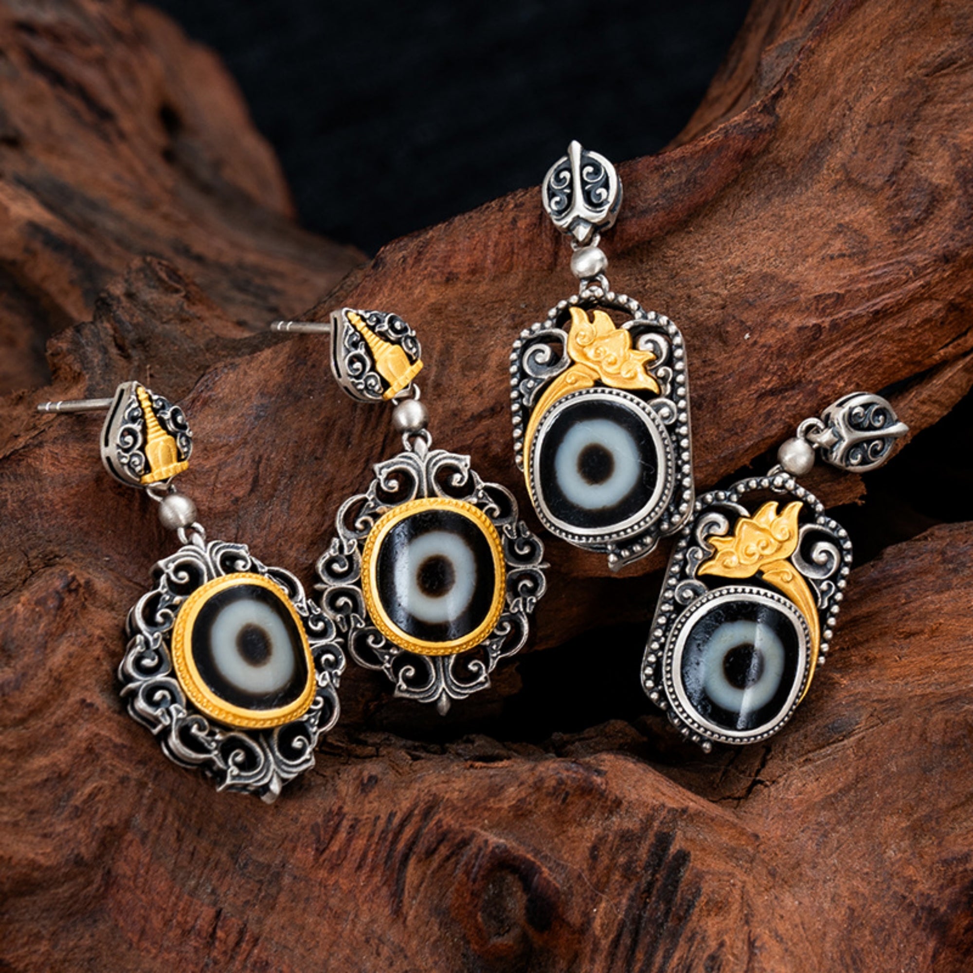 Tibetan Buddhist Lotus Stupa Dzi Bead Sterling Silver Earrings