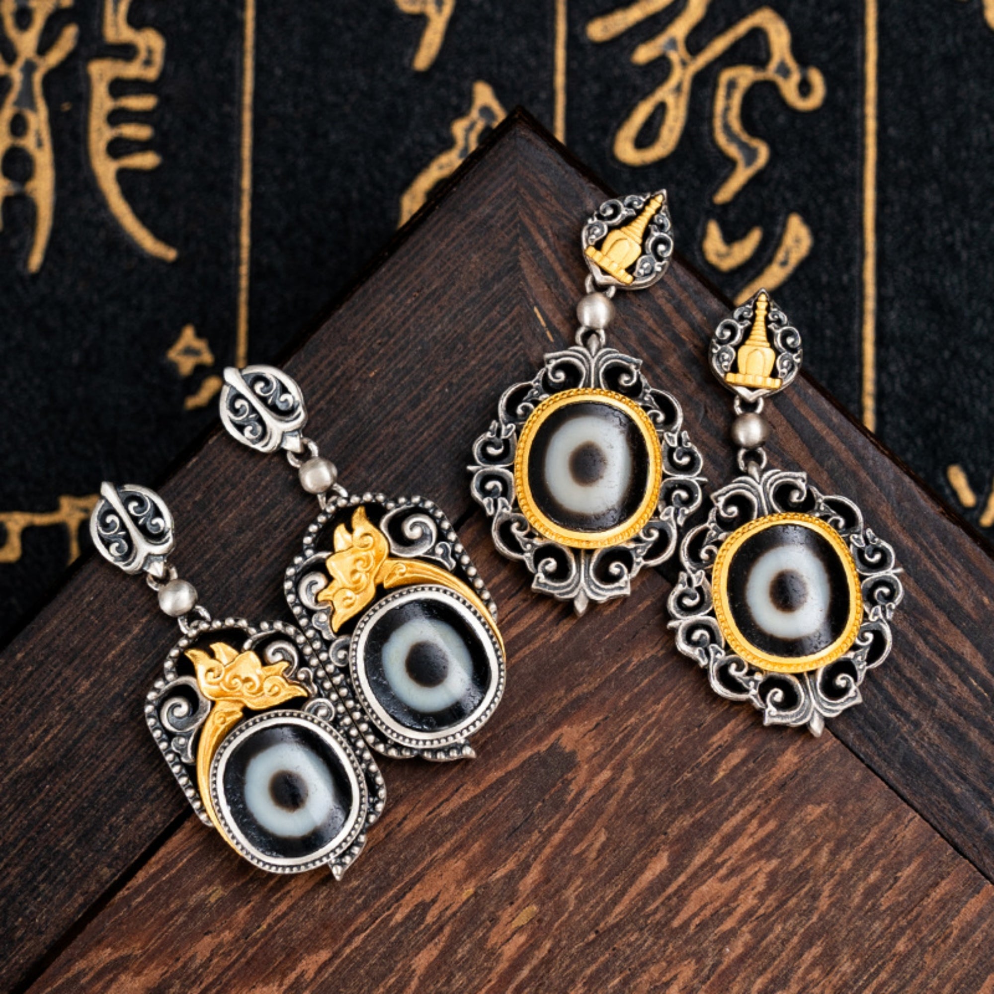 Tibetan Buddhist Lotus Stupa Dzi Bead Sterling Silver Earrings