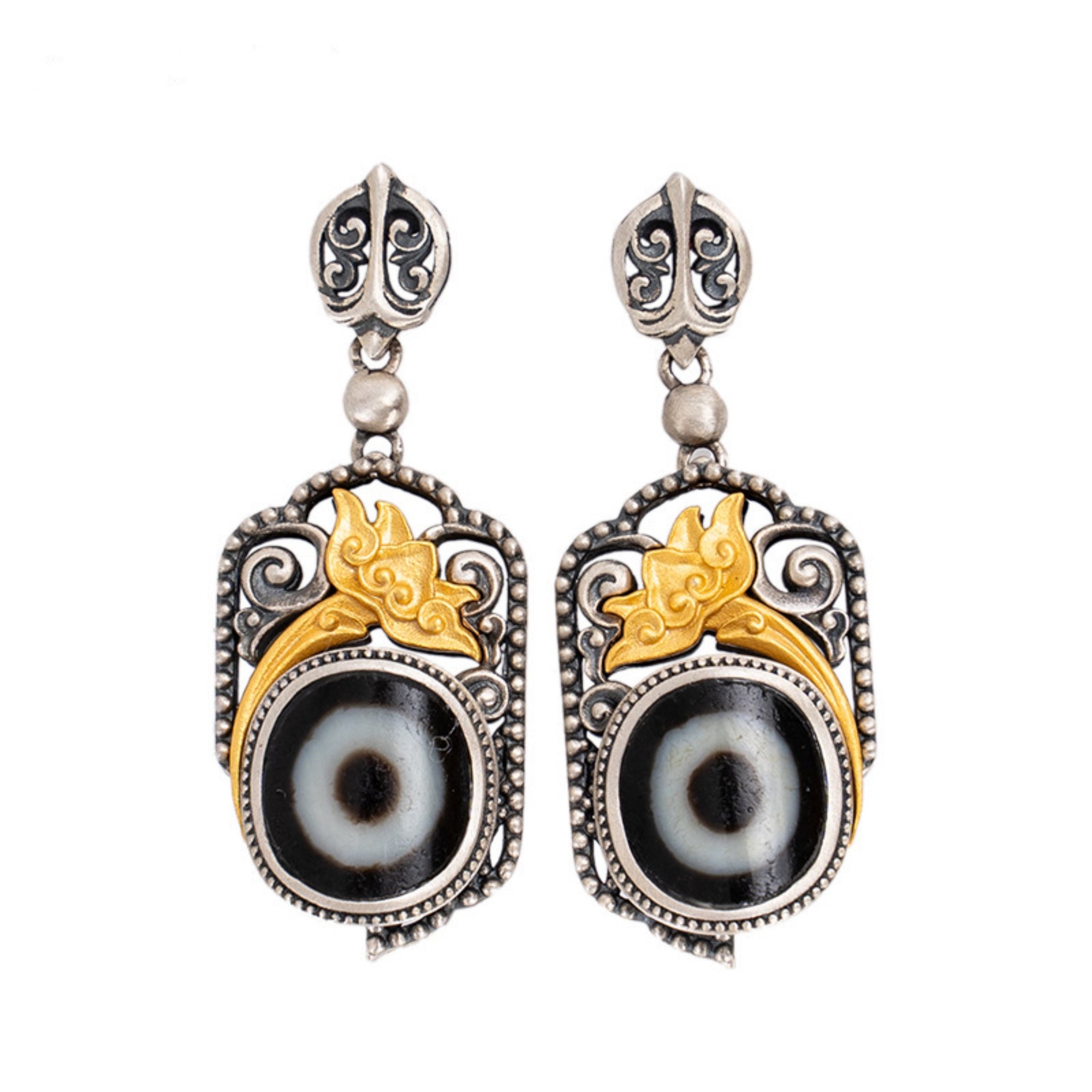 Tibetan Buddhist Lotus Stupa Dzi Bead Sterling Silver Earrings