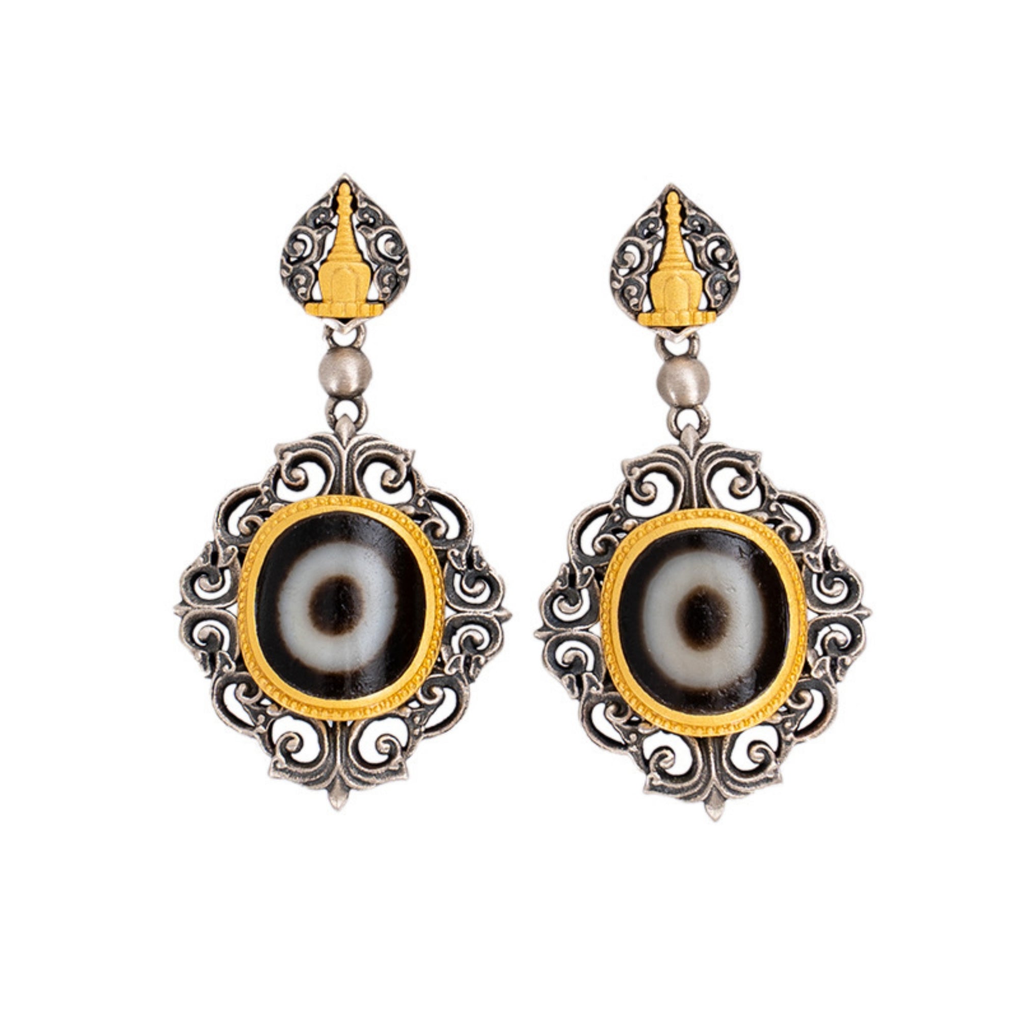 Tibetan Buddhist Lotus Stupa Dzi Bead Sterling Silver Earrings