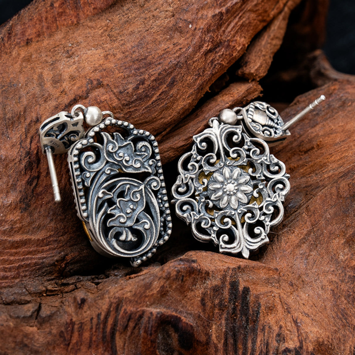 Tibetan Buddhist Lotus Stupa Dzi Bead Sterling Silver Earrings