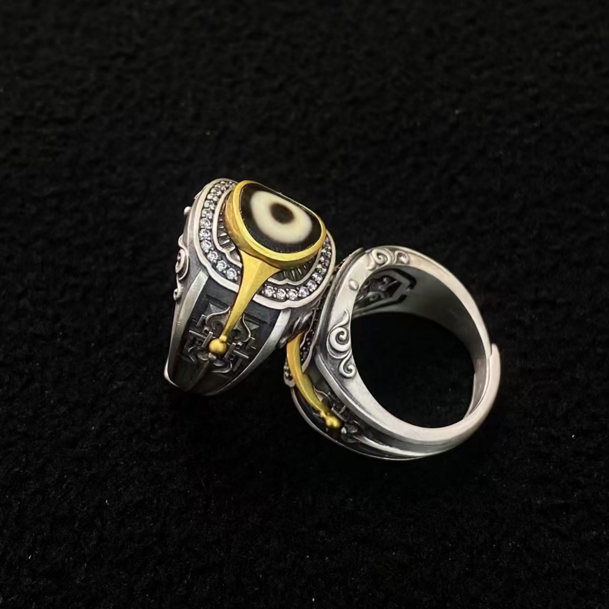 Tibetan Buddhist Mandala Dzi Silver Ring