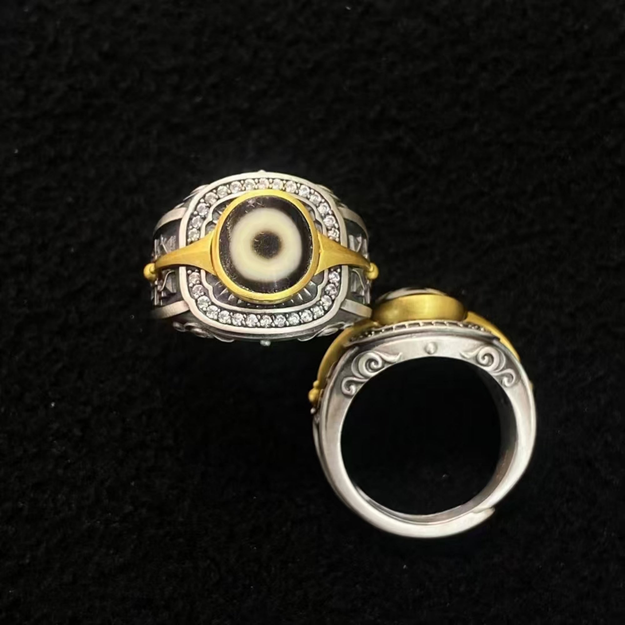 Tibetan Buddhist Mandala Dzi Silver Ring