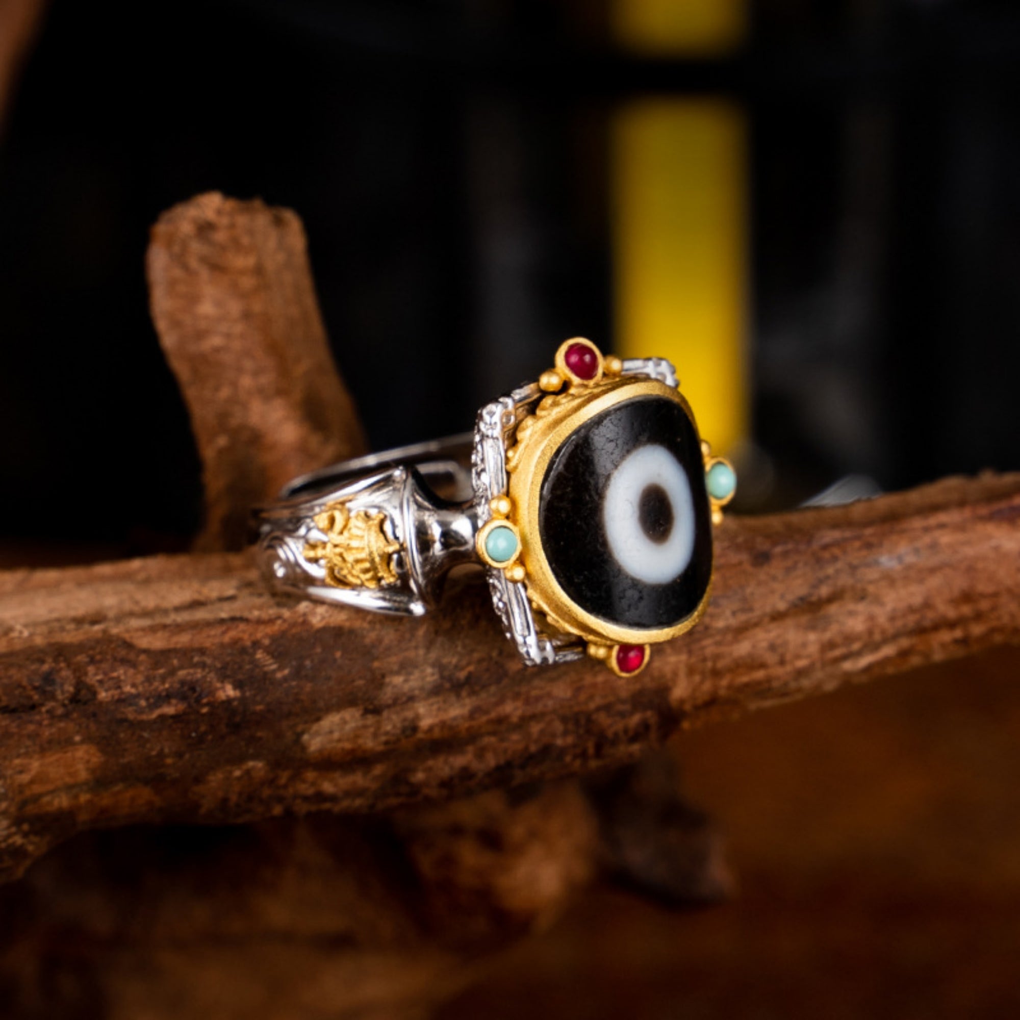 Tibetan Buddhist Parasol Dzi Beads Sterling Silver Ring