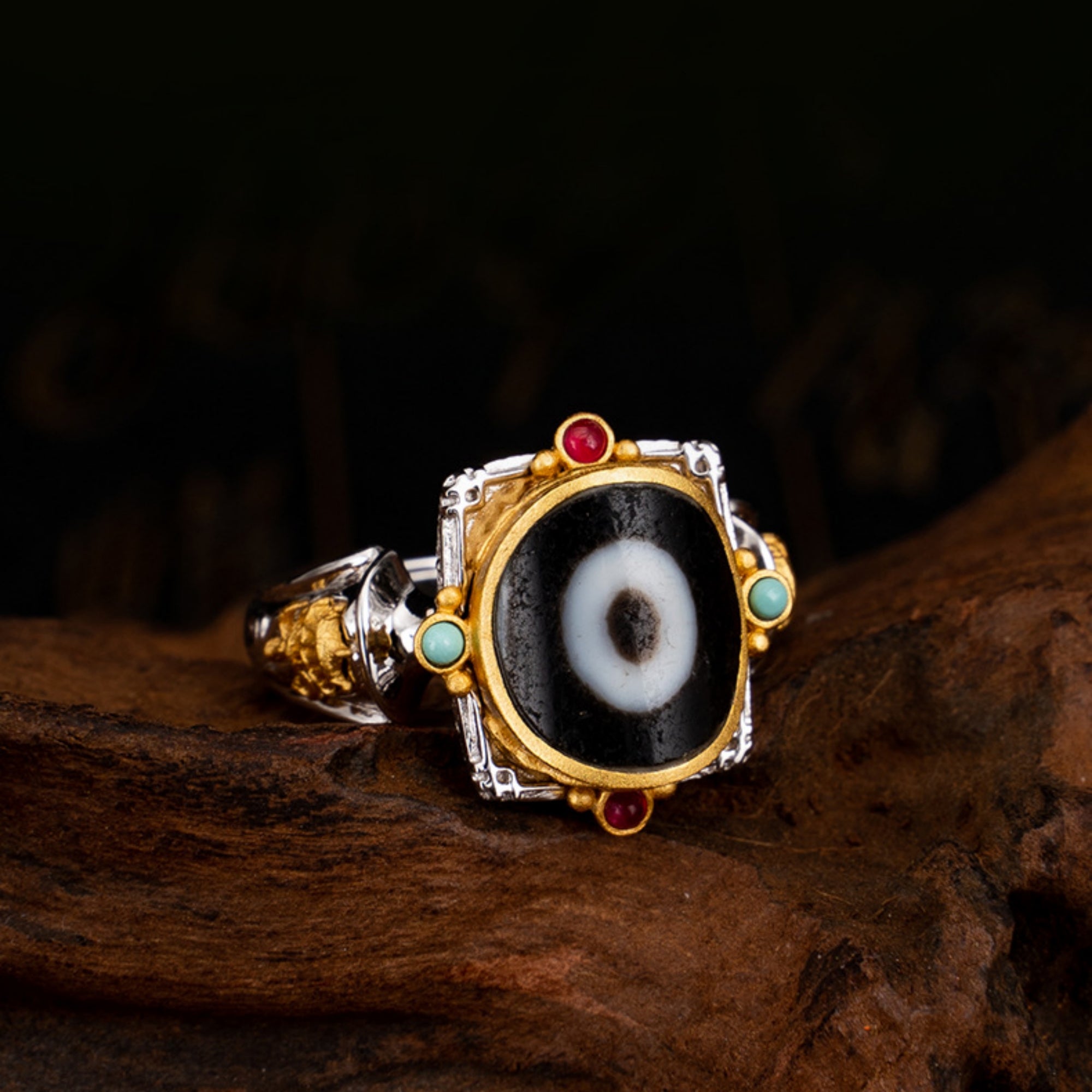 Tibetan Buddhist Parasol Dzi Beads Sterling Silver Ring