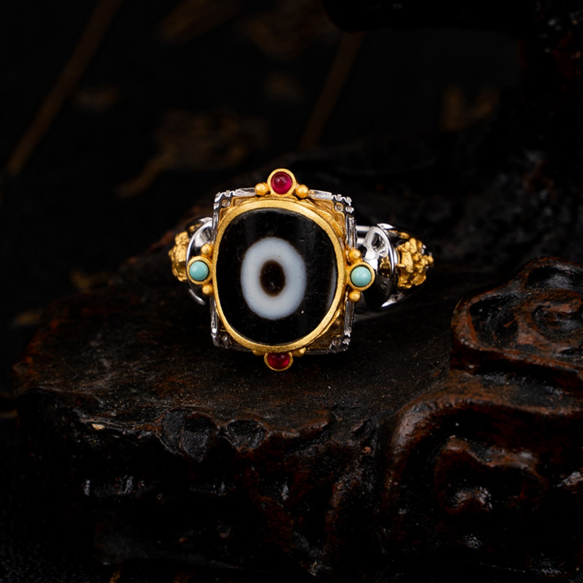 Tibetan Buddhist Parasol Dzi Beads Sterling Silver Ring