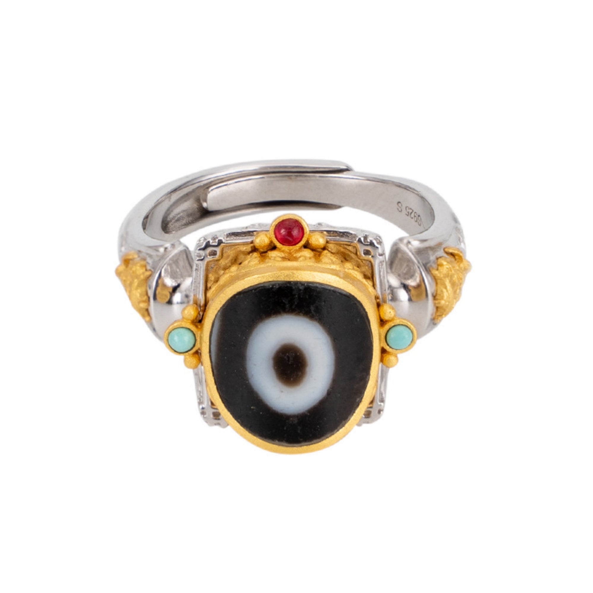 Tibetan Buddhist Parasol Dzi Beads Sterling Silver Ring