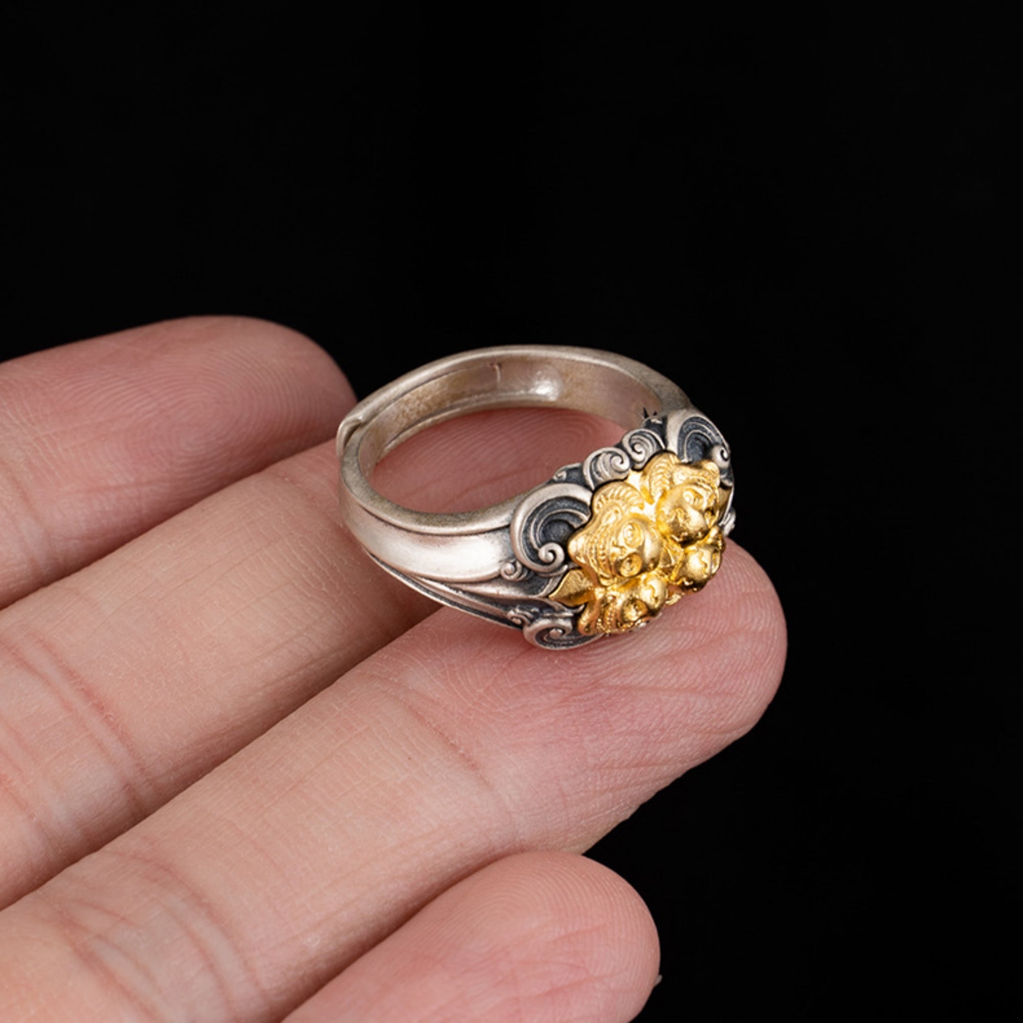 Tibetan Buddhist Skull and Lotus Sterling Silver Ring