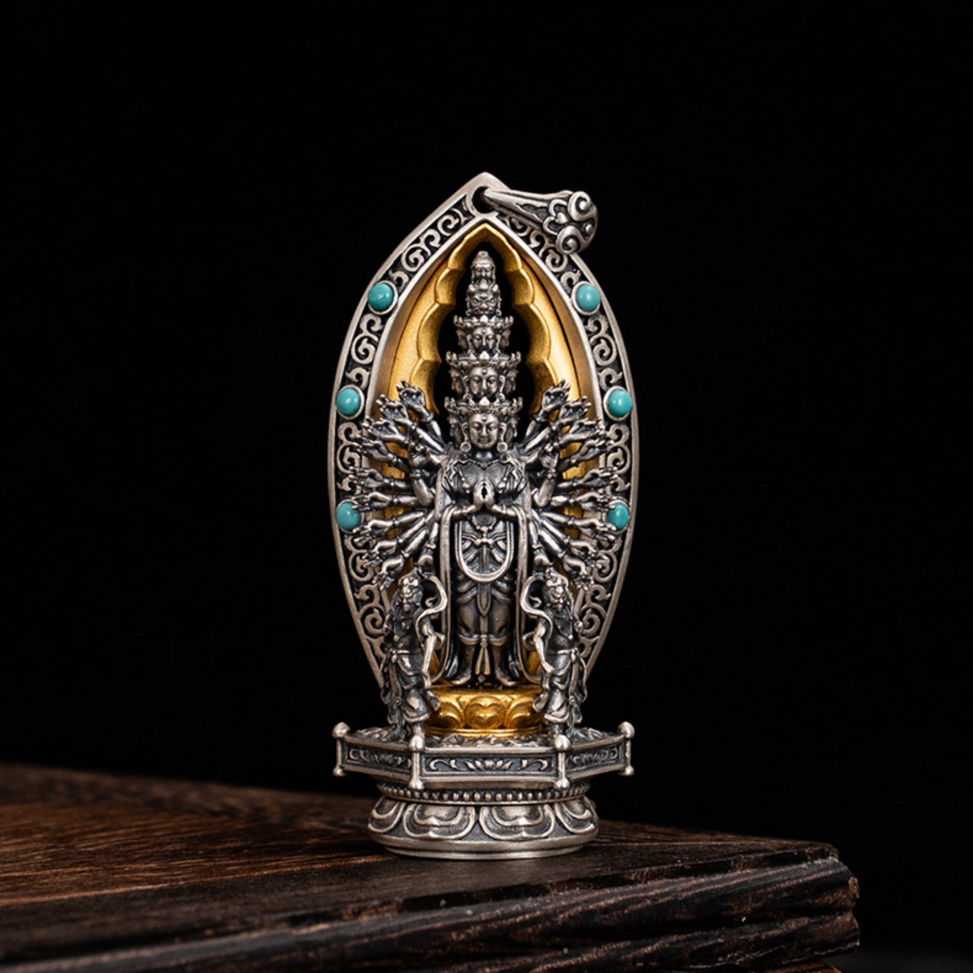 Tibetan Buddhist Thousand-Armed Avalokiteshvara Turquoise Sterling Silver Pendant