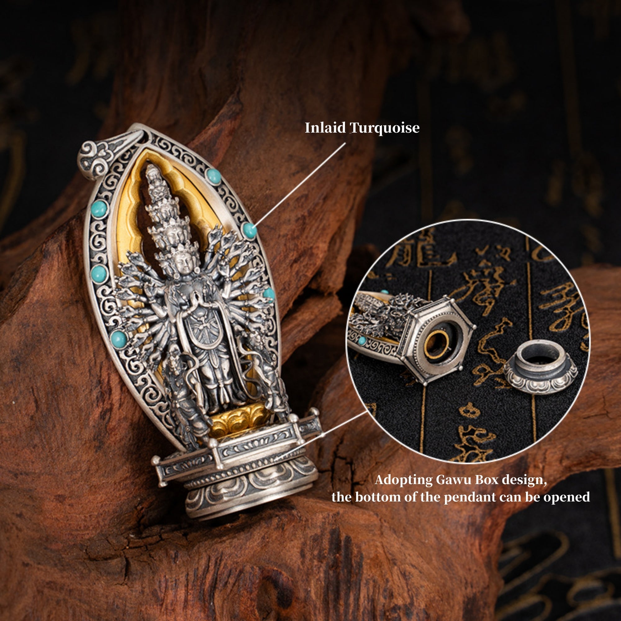 Tibetan Buddhist Thousand-Armed Avalokiteshvara Turquoise Sterling Silver Pendant