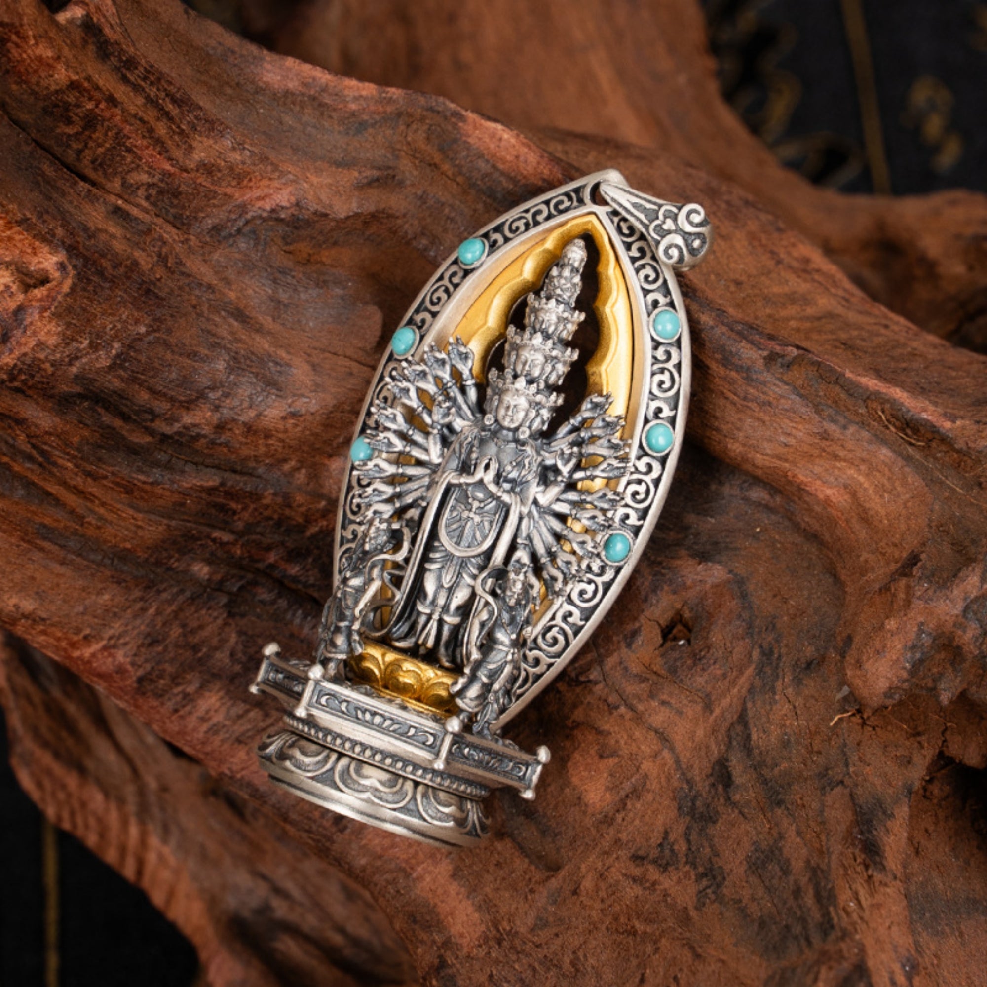 Tibetan Buddhist Thousand-Armed Avalokiteshvara Turquoise Sterling Silver Pendant